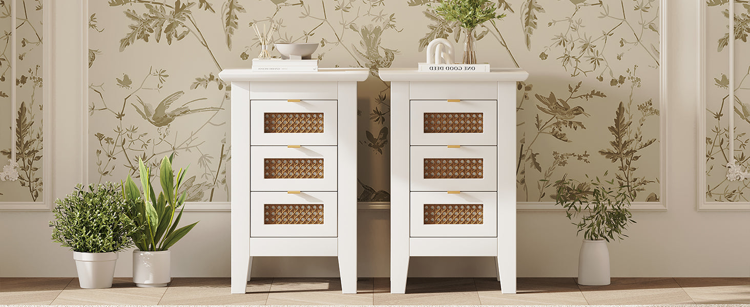 Wooden Nightstands Set Of 2 With Rattan Woven Surfaces And Three Drawers, Exquisite Elegance With Natural Storage Solutions For Bedroom, White White Particle Board