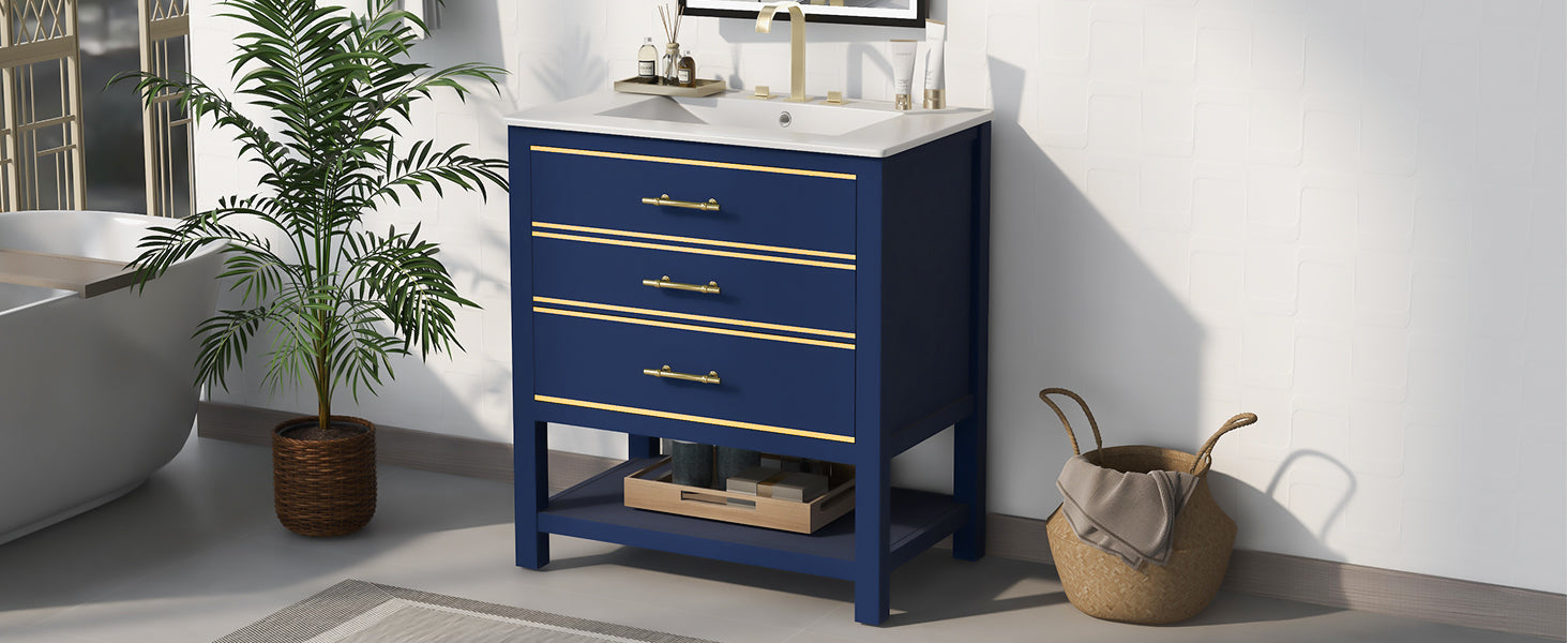 Viedo Modern 30Inch Navy Blue White Bathroom Vanity Cabinet Combo With Openstorge, Two Drawers Blue Bathroom Solid Wood Mdf