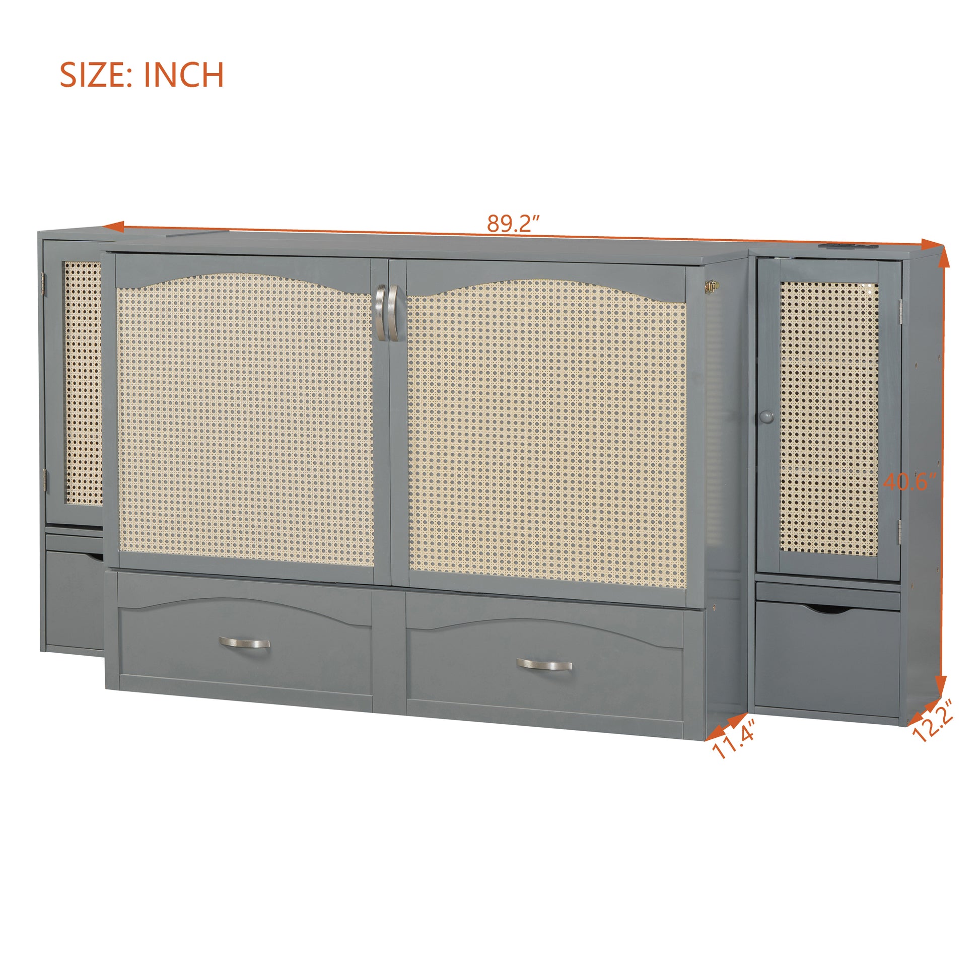 Queen Size Murphy Bed Wall Bed With Drawer And Rattan Decoration With 2 Storage Cabinets, One Set Of Sockets & Usb Ports, Pulley Structure Design, Gray Queen Gray Plywood