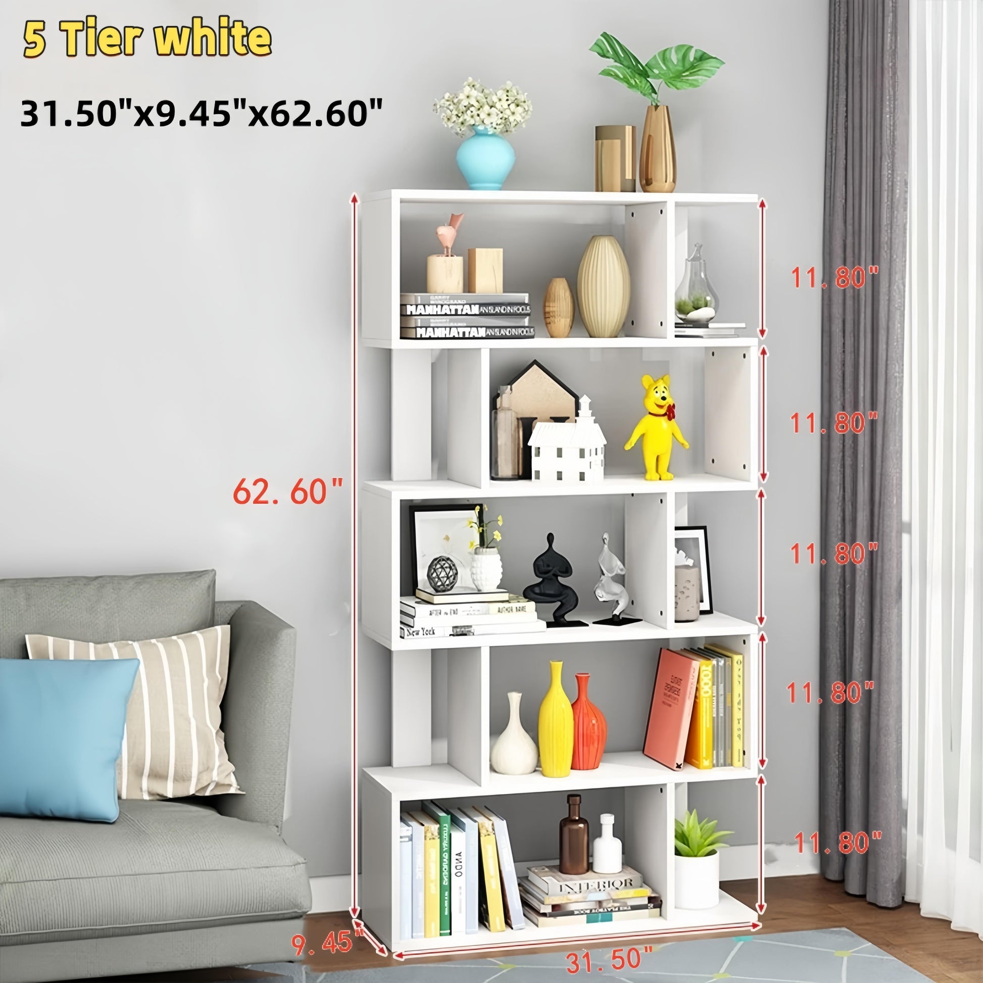 Dfw 5 Tier Geometric Storage Shelf Bookshelf, S Shaped Bookcase, Freestanding Room Divider, Industrial Home Office Decor Wood Open Storage Display Shelf For Living Room 1, White 5 White White