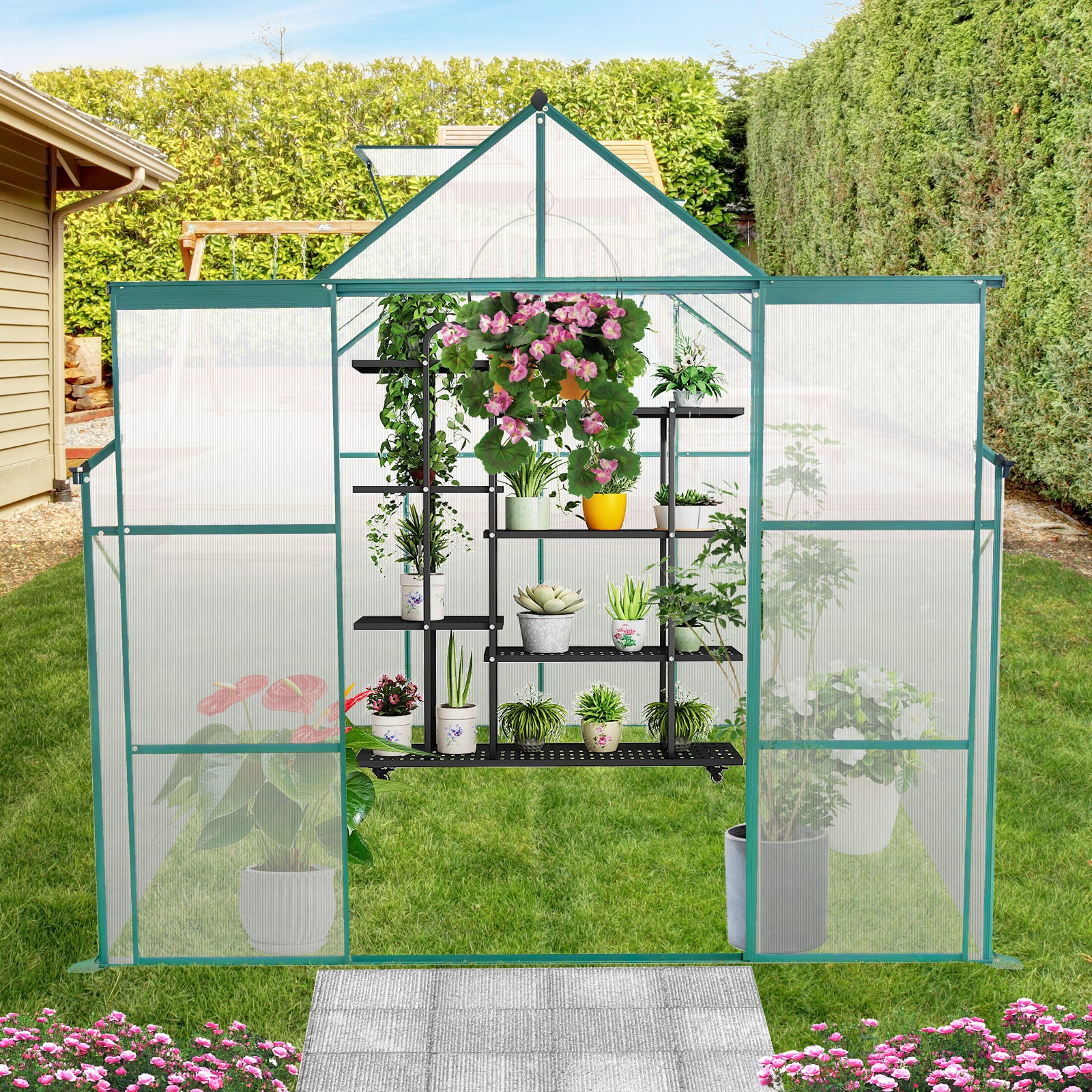8X6Ft Green Double Door Polycarbonate Greenhouse Raised Base And Ancho
