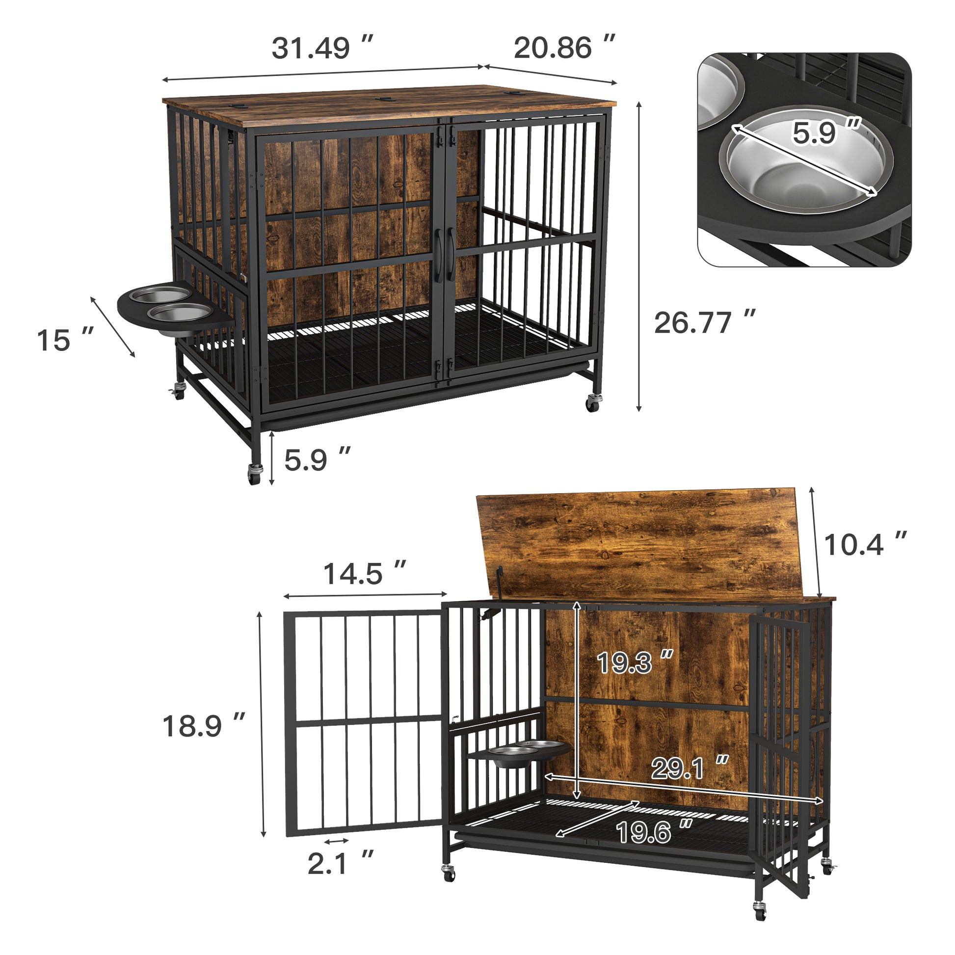 Modern Kennel Dogs Room Up To 60 Lb, Dog Crate Furniture With Multi Purpose Rremovable Ttray, Double Door Dog House, Lift Panel, 360 Degree Rotation 3 Height Adjustable Feeding Bowls Brown Antique Brown Mid Century Modern,Minimalist Dog Particle Board