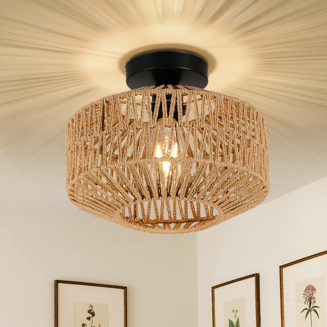 Boho Light Fixtures Ceiling Mount,Mini Rattan Chandelier Light Fixture With Dimmable Led Bulb,Hand Woven Ceiling Light Fixtures Flush Mount For Hallway Bedroom Kitchen Entryway Living Room Brown Rattan Metal