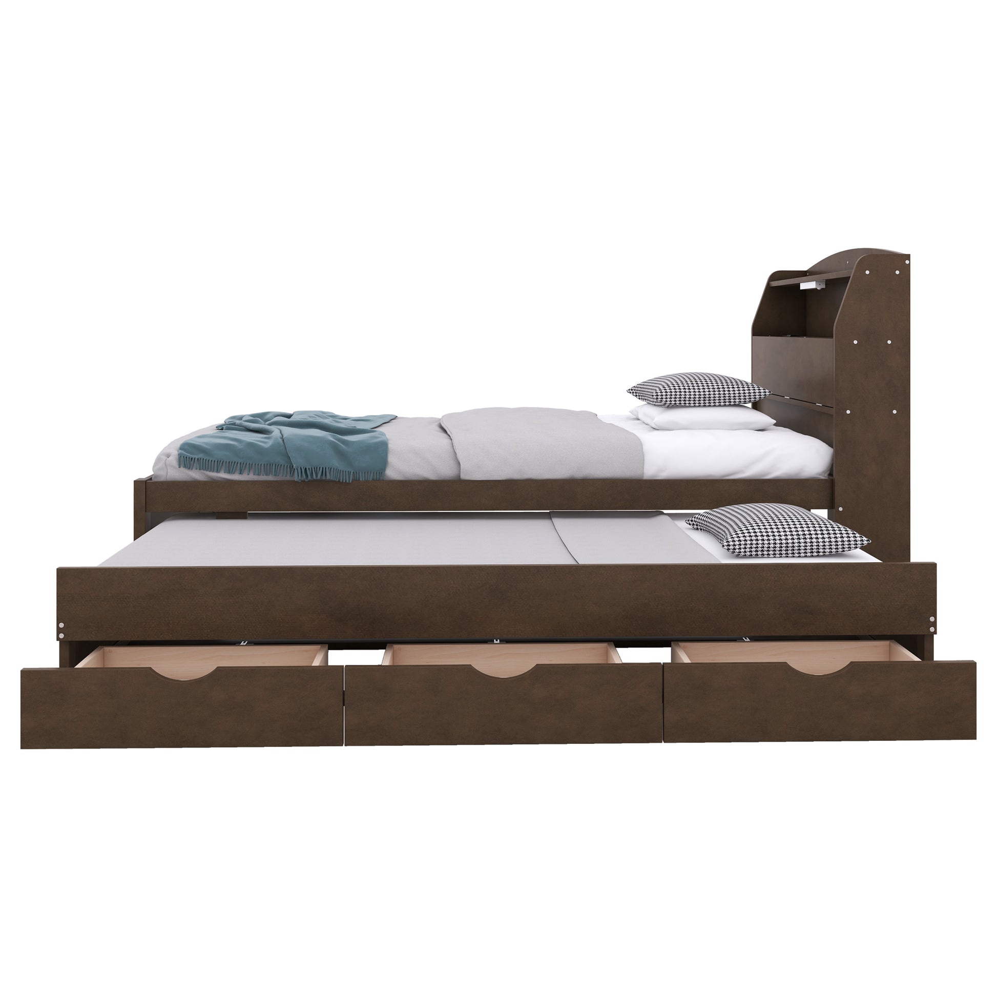 Twin Size Wooden Led Platform Bed With Trundle, With Storage Headboard, With Drawers, Brown Twin Brown Plywood