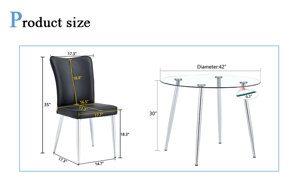 Table And Chair Set.A Modern Minimalist Round Dining Table With Transparent Tempered Glass Top And Silver Metal Legs,Paried With 4 Chairs With Pu Backrest And Seat Cushion And Silver Metal Legs. Black,Transparent Seats 4 Glass Metal