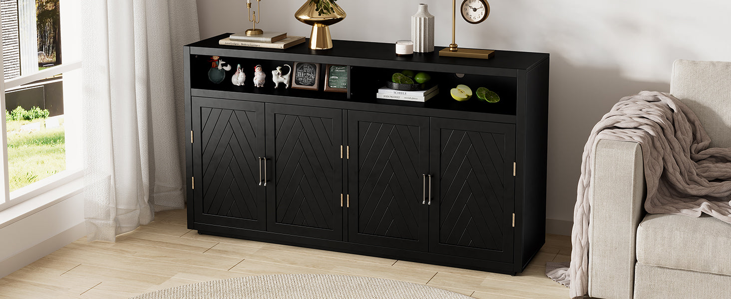 4 Door Classic Sideboard With Open Storage And Adjustable Shelves Perfect For Kitchens, Living Rooms Black Black Mdf