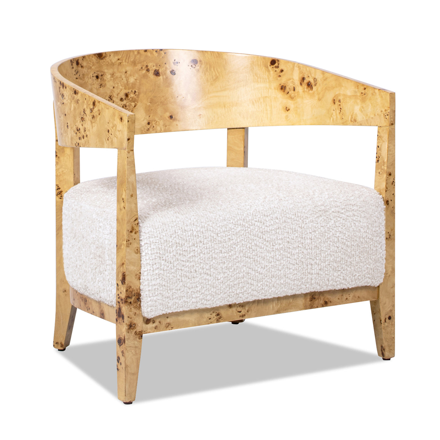 Madrid 26.5" Burl Wood Barrel Accent Arm Chair, Seashell White Chenille White Natural Foam Chenille