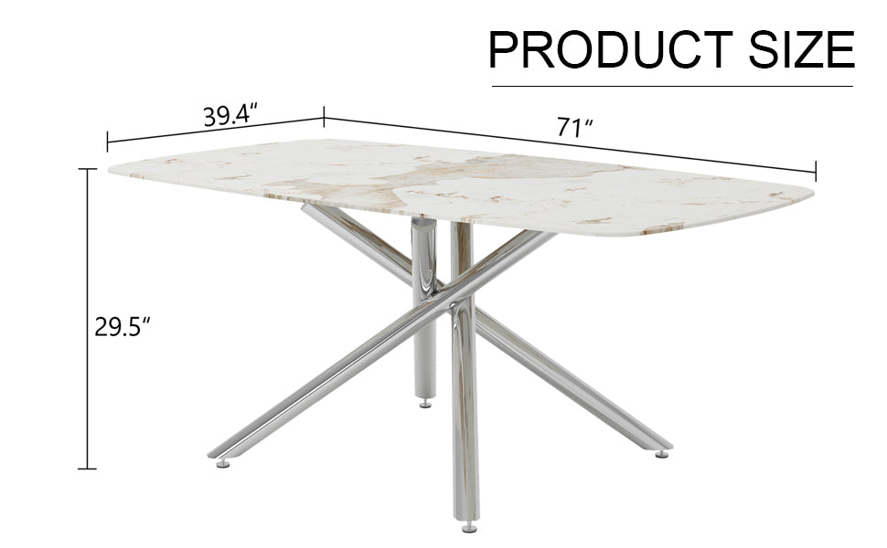 Large Modern Minimalist Rectangular Dining Table With 0.39 "Imitation Marble Tabletop And Silver Metal Legs, Suitable For Kitchens, Restaurants, Living Rooms, Conference Rooms, And Banquet Halls 1537 Silver Glass Metal