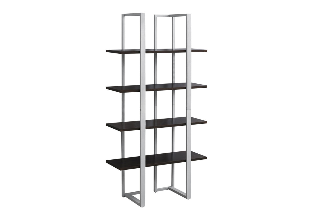 Bookshelf, Bookcase, Etagere, 4 Tier, 60"H, Office, Bedroom, Brown Laminate, Grey Metal, Contemporary, Modern Espresso Mdf