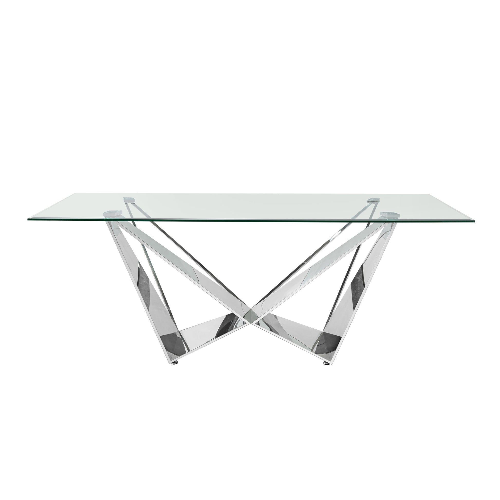 Clear Glass With Polished Stainless Steel Base 78" Dining Table Silver Seats 6 Mirrored Finish Dining Room Contemporary Rectangular Kitchen & Dining Tables Polished Rectangular Stainless Steel