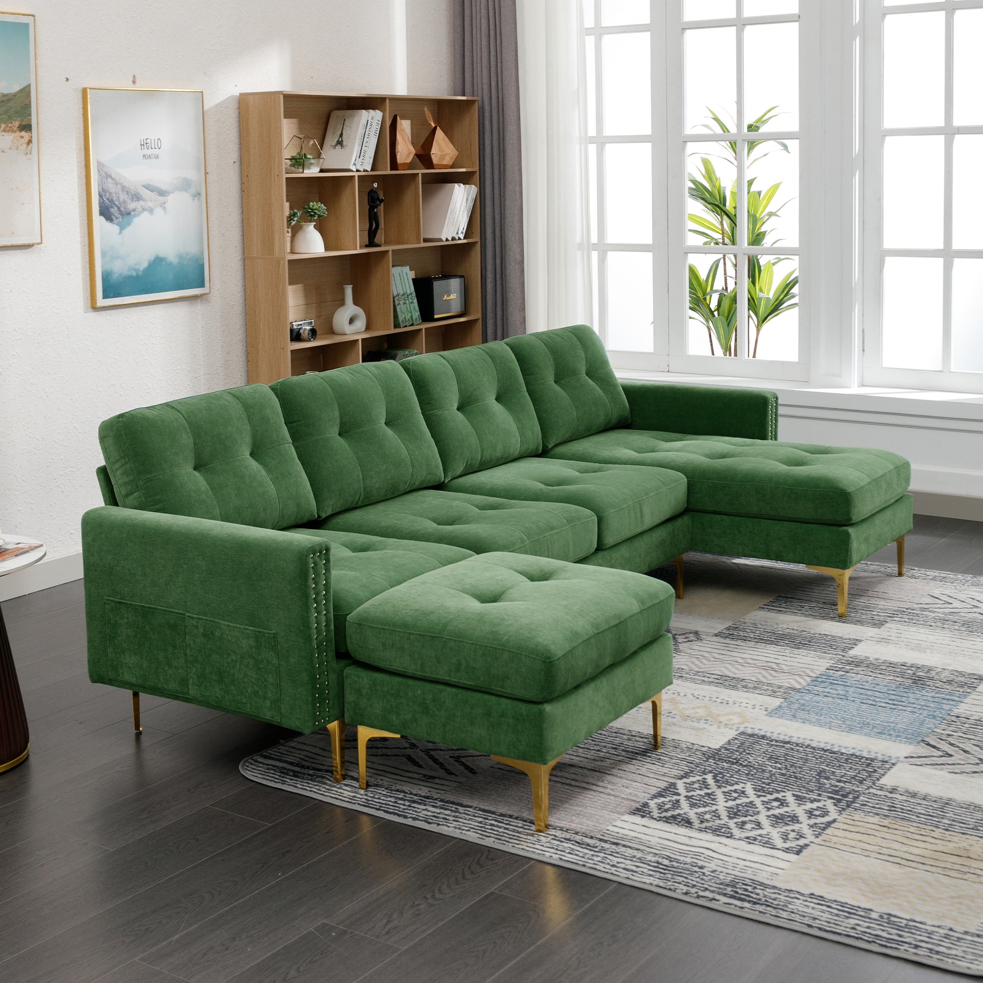 110" L Shape Convertible Sectional Sofa Couch With Movable Ottoman For Living Room, Apartment, Office, Green Green Foam Velvet 4 Seat