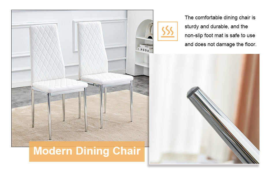 Table And Chair Set.Rectangular Dining Table With Tempered Glass Tabletop And Silver Plating Metal Legs.Paired With 4 Checkered Armless High Back White Chairs With Electroplated Metal Legs. White Seats 4 Glass Metal