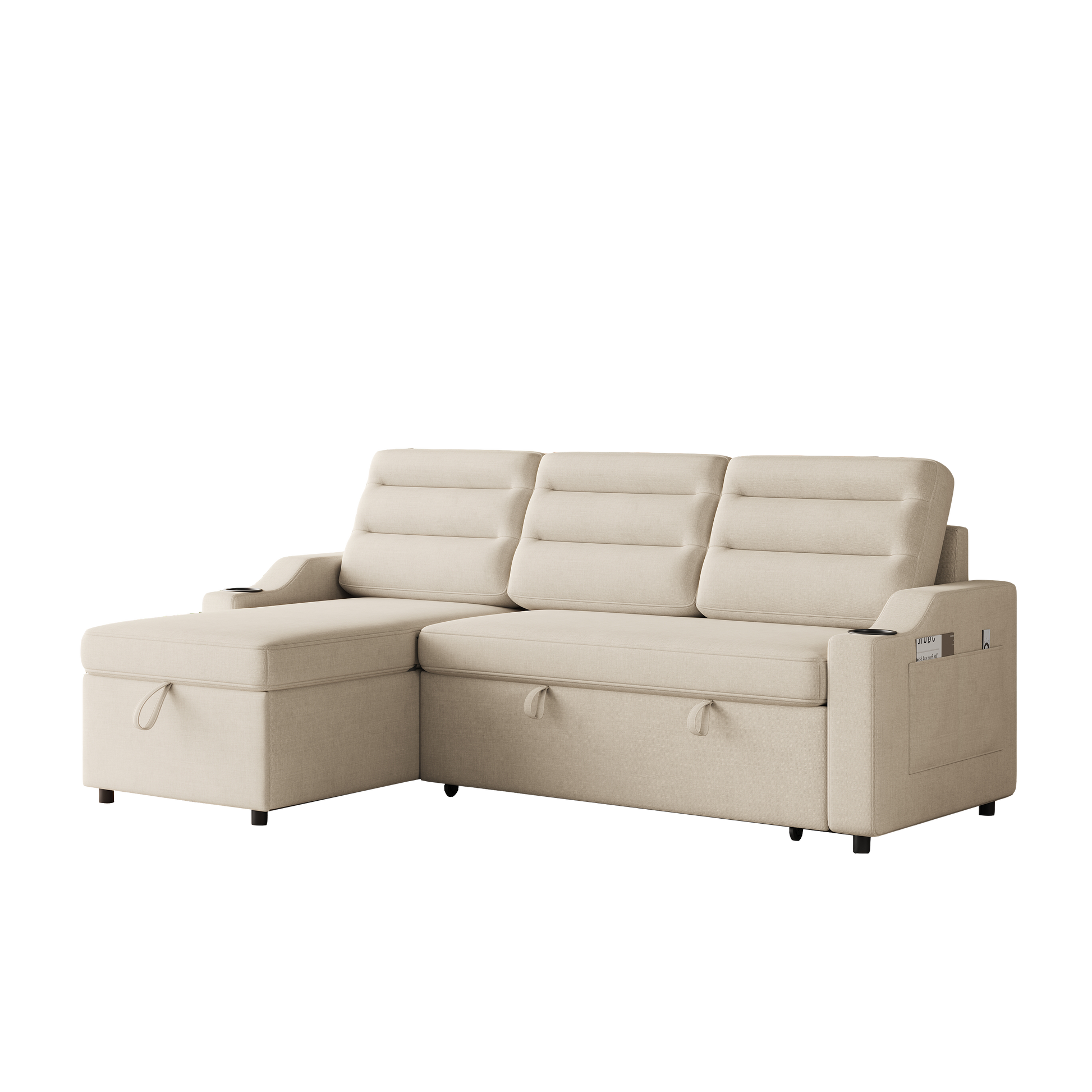 Mh83.5" Convertible Sleeper Combo Sofa, Convertible Sofa Bed Polyester Pullout Bed With Storage Recliner And Cup Holder For Living Room, Tight Spaces Beige Polyester Wood Primary Living Space Pine Foam Fabric 3 Seat