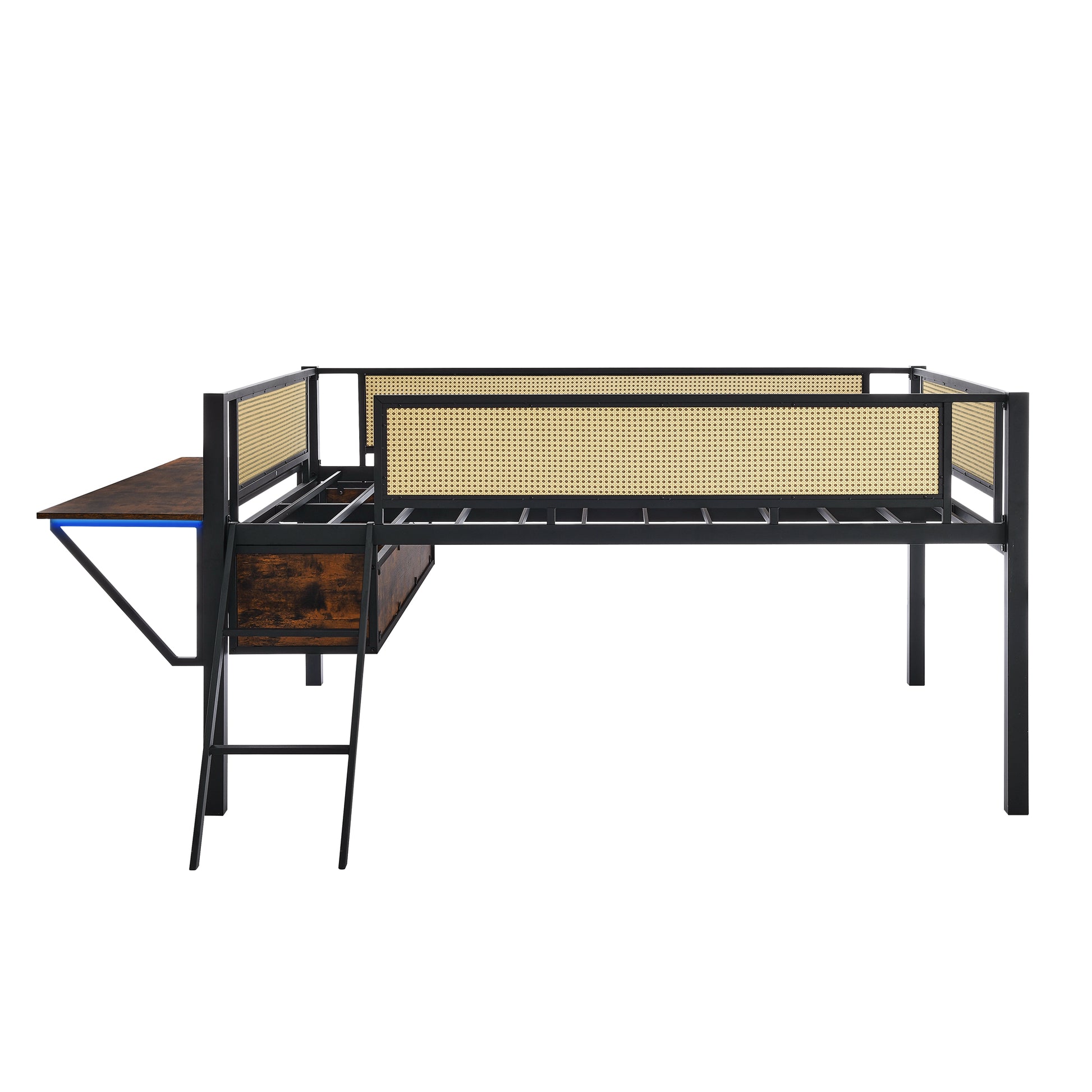 Single Metal Loft Bed With Rectangular Desk, Led Lights, Led Loft Bed Frame Double Bed With Storage Shelves And Hanging Storage Compartments, Safety Guard And Ladder, No Box Springs Required, Rattan G Full Black Brown Mdf Iron