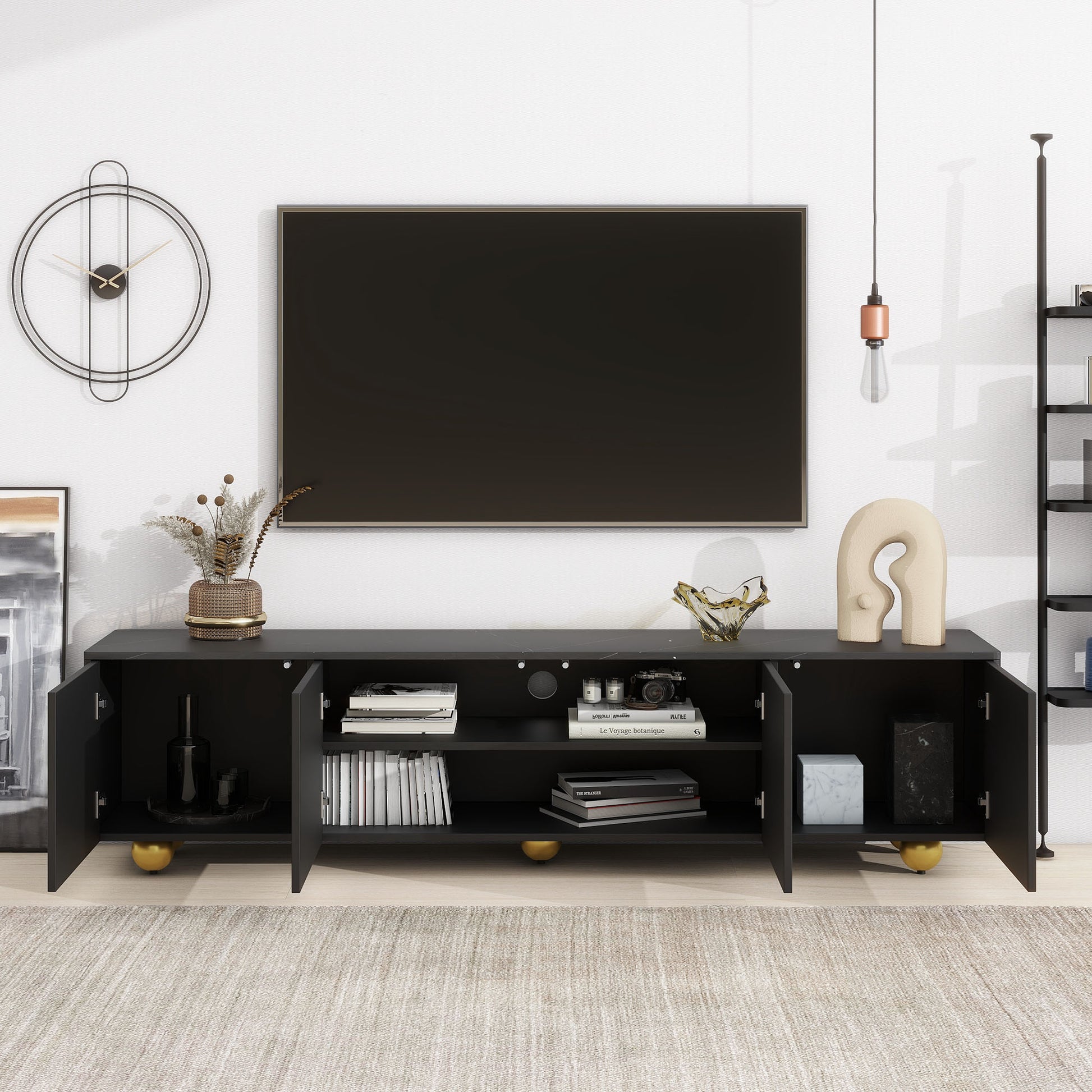 Modern Tv Stand For Tvs Up To 75 Inches, Entertainment Center With Storage Cabinets And 1 Adjustable Shelf, Media Console With Marble Patterned Top And Golden Round Metal Legs For Living Room Black 70 79 Inches Mdf