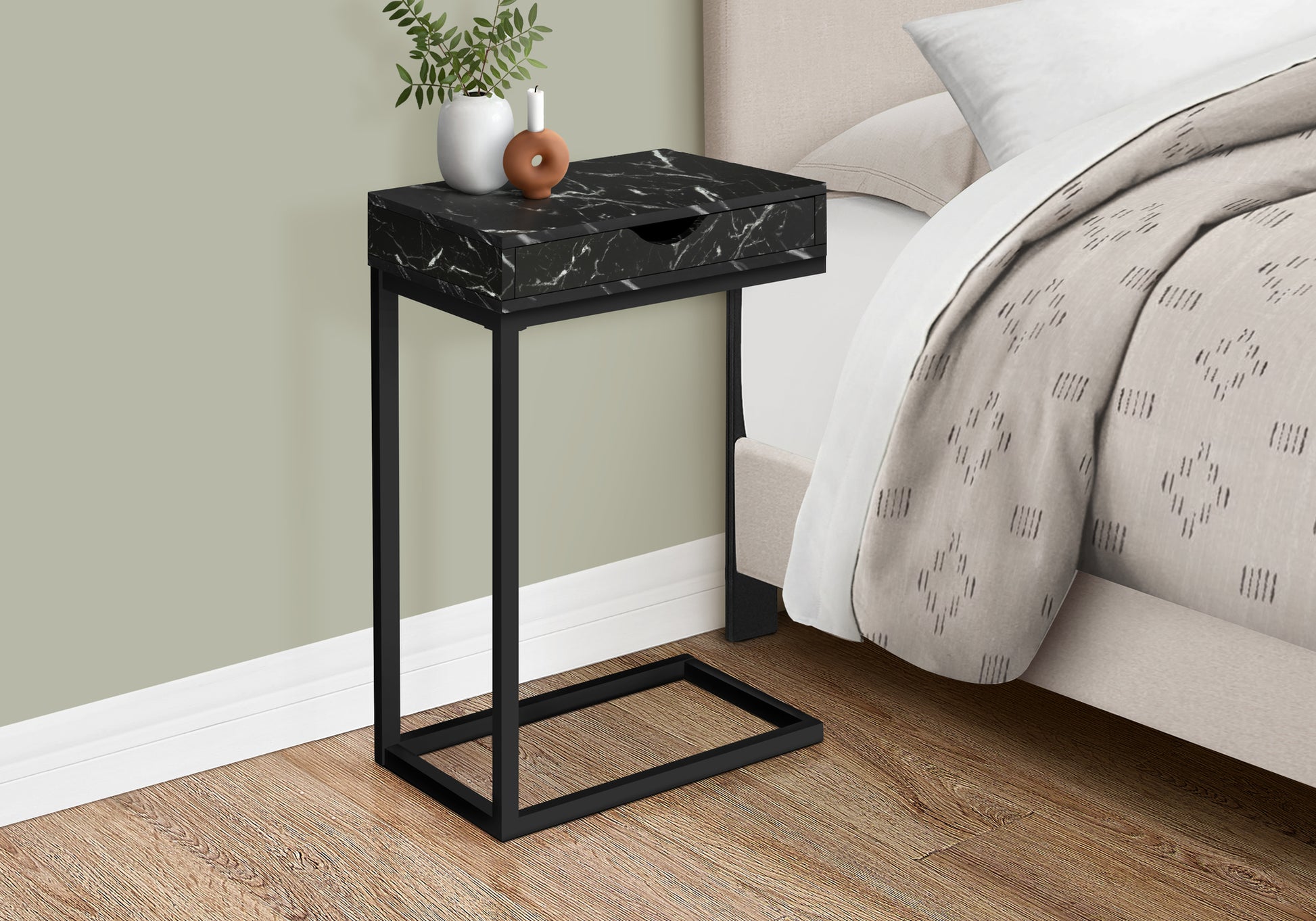 Accent Table, C Shaped, End, Side, Snack, Storage Drawer, Living Room, Bedroom, Black Marble Look Laminate, Black Metal, Contemporary, Modern Black Metal