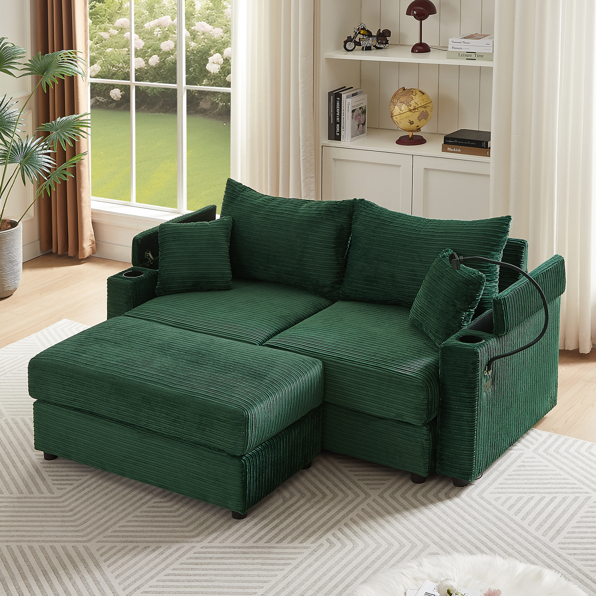 72.8" Modern Style Loveseat Sofa Sectional Sofa Couch With Storage Space, A Movable Ottoman, Two Usb Ports, Two Cup Holders, A Phone Holder For Living Room, Green Green Foam Corduroy 3 Seat