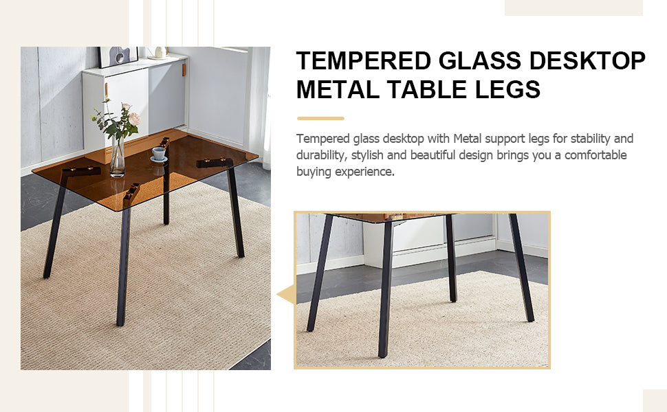 Table And Chair Set. Large Modern Rectangular Table With Brown Glass Top And Black Metal Legs. It Is Equipped With Soft And Comfortable Pu Seats, Faux Leather Upholstered Seats, And Sturdy Metal Legs. Black Seats 4 Glass Metal