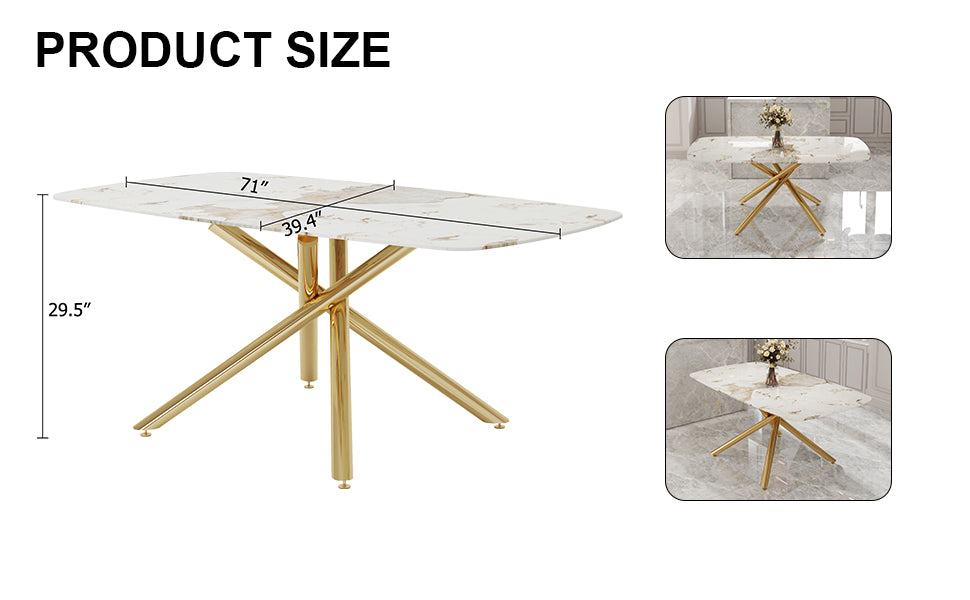Large Modern Minimalist Rectangular Dining Table With 0.39 "Imitation Marble Tabletop And Golden Metal Legs, Suitable For Kitchen, Dining Room, Living Room, Conference Room, W1151S00987 Gold Glass Metal