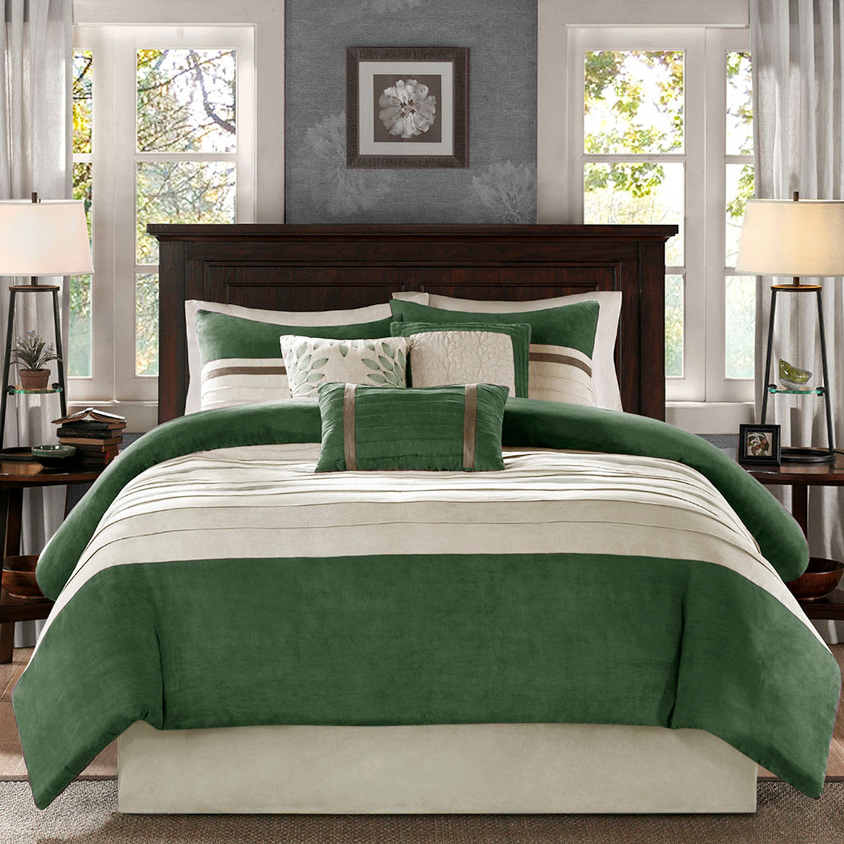 7 Pc Pieced Faux Suede Comforter Set Green Queen Queen Green Polyester