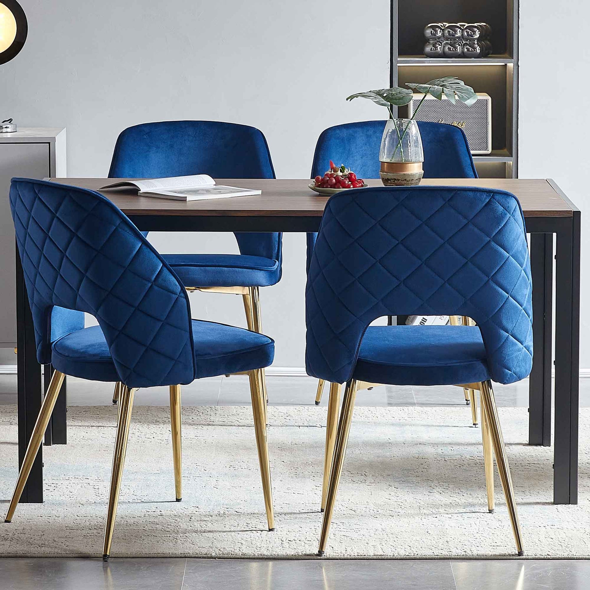 Blue Velvet Dining Chairs With Metal Legs And Hollow Back Upholstered