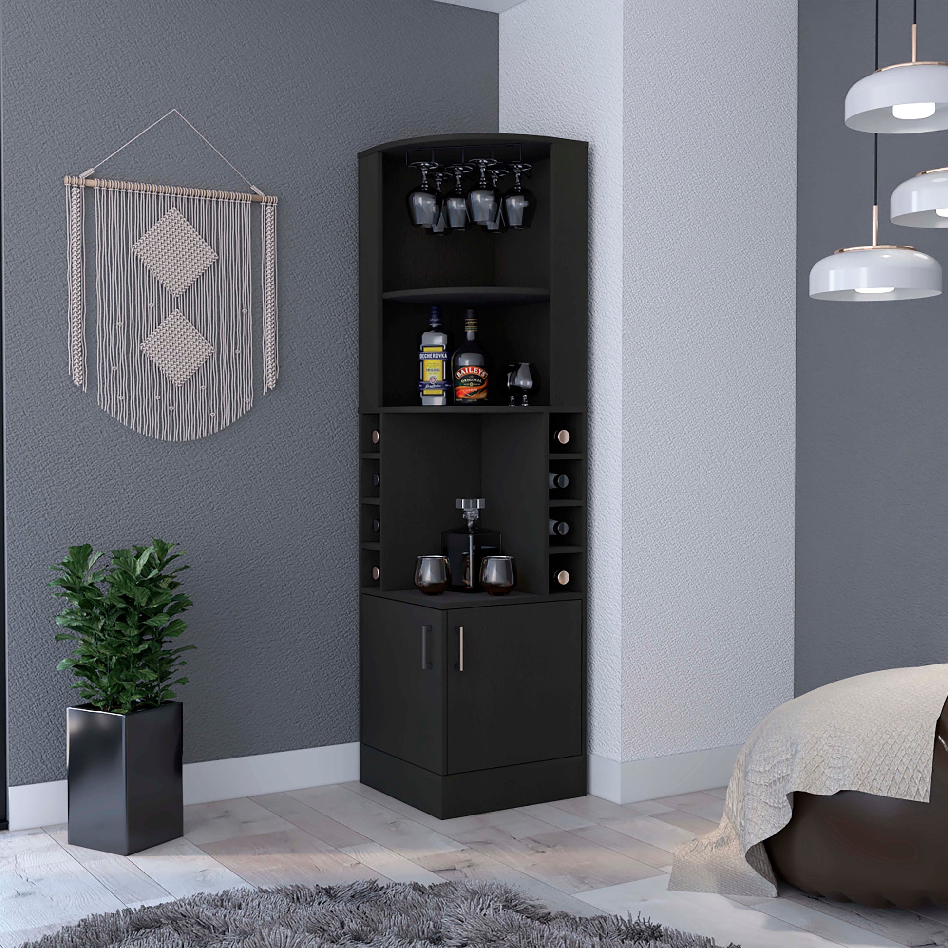 Seattle Bar Cabinet, Eight Bottle Cubbies, Two Large Open Shelves Vertical Black Open Storage Space Contemporary Pine Particle Board Engineered Wood