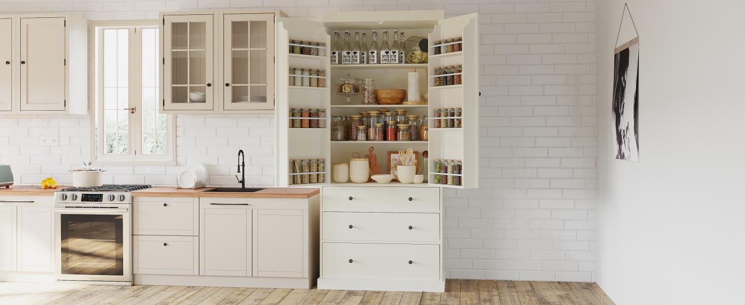 Assembly 77Inch Farmhouse Kitchen Pantry, Freestanding Tall Cupboard Storage Cabinet With 3 Adjustable Shelves, 8 Door Shelves, 3 Drawers For Kitchen, Dining Room, Cream Cream Kitchen Farmhouse Adjustabel Shelves Mdf