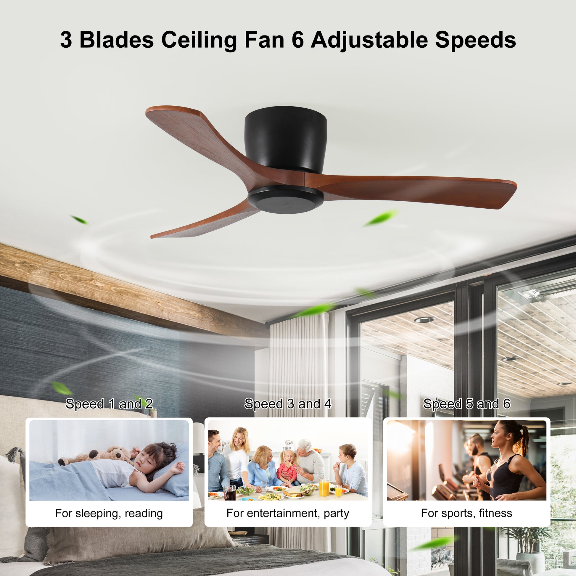 42 Inch Ceiling Fan No Light With Remote Control, Low Profile Flush Mount Ceiling Fan Without Light,Noiseless Reversible Dc Motor With Timer Black Brown Wood Metal