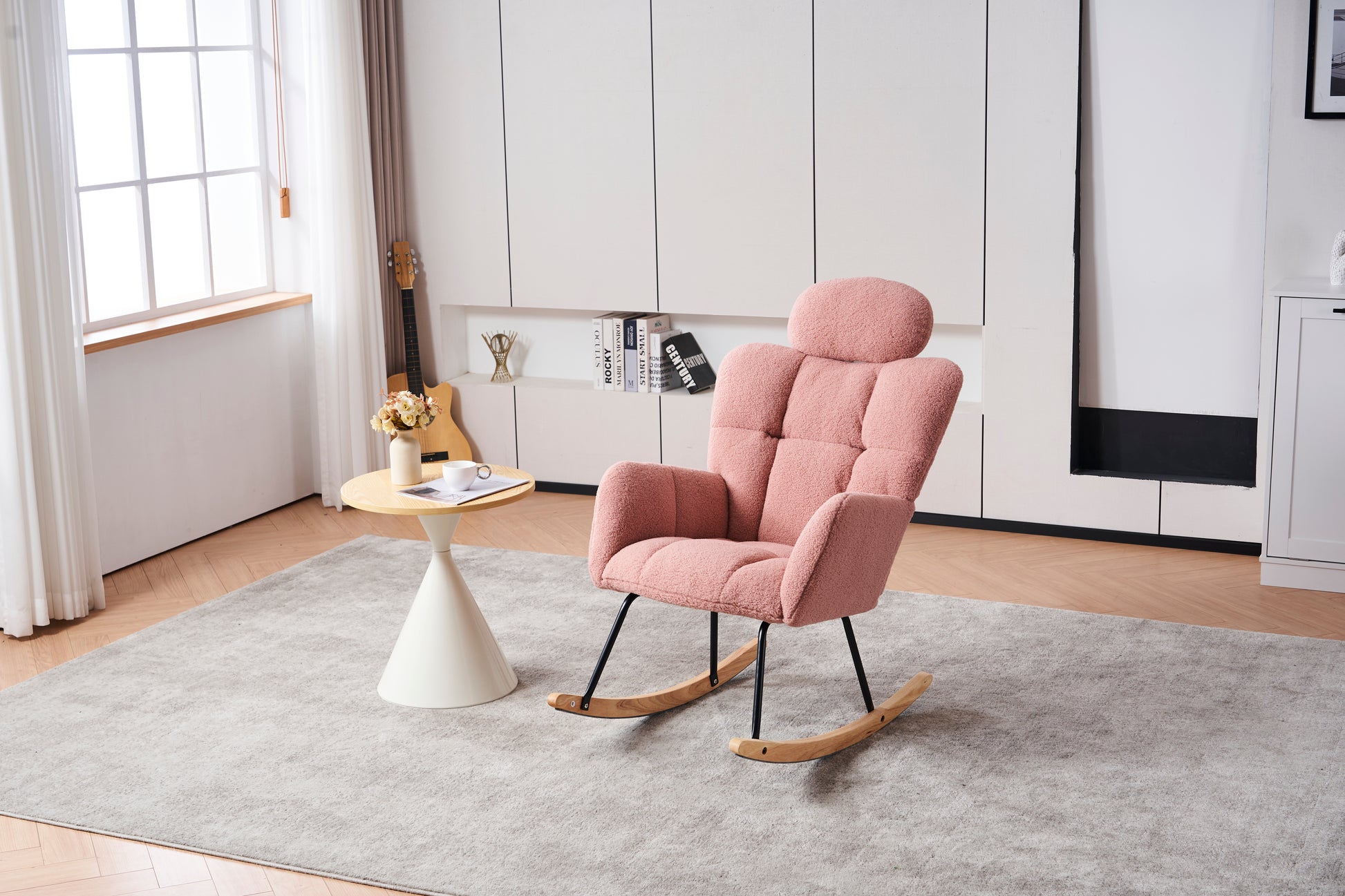 055 Teddy Fabric Upholstered Nursery Rocking Glider Chair Mid Century Modern Accent Arm Chair Padded Seat With High Backrest And Pillows For Living Room Bedroom Offices Pink Teddy Headrest Solid