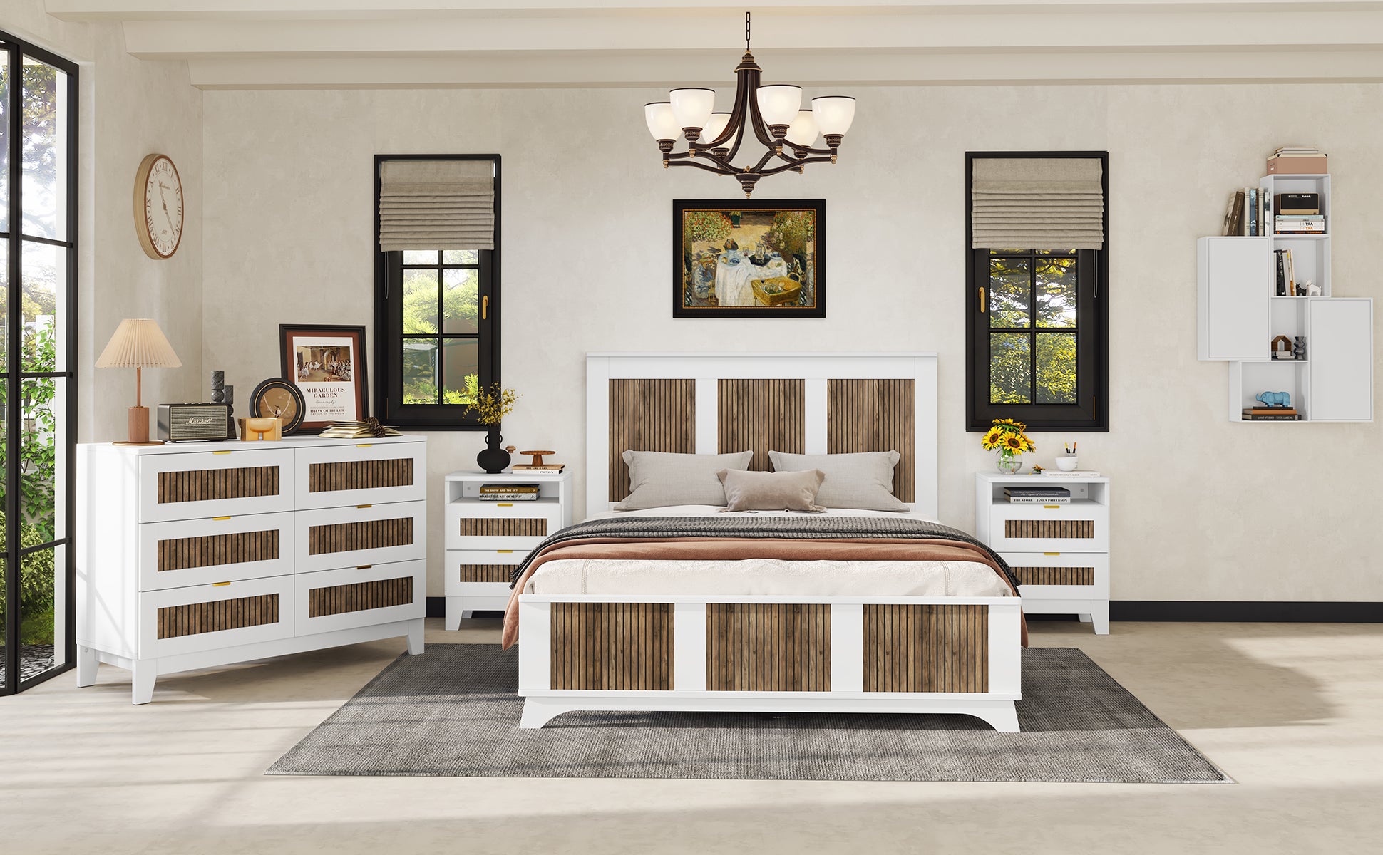 Farmhouse Wooden Platform Queen Size Bed, Modern Platform Bed With Wooden Strip Decoration, Plywood Slats Support, White Queen White Particle Board