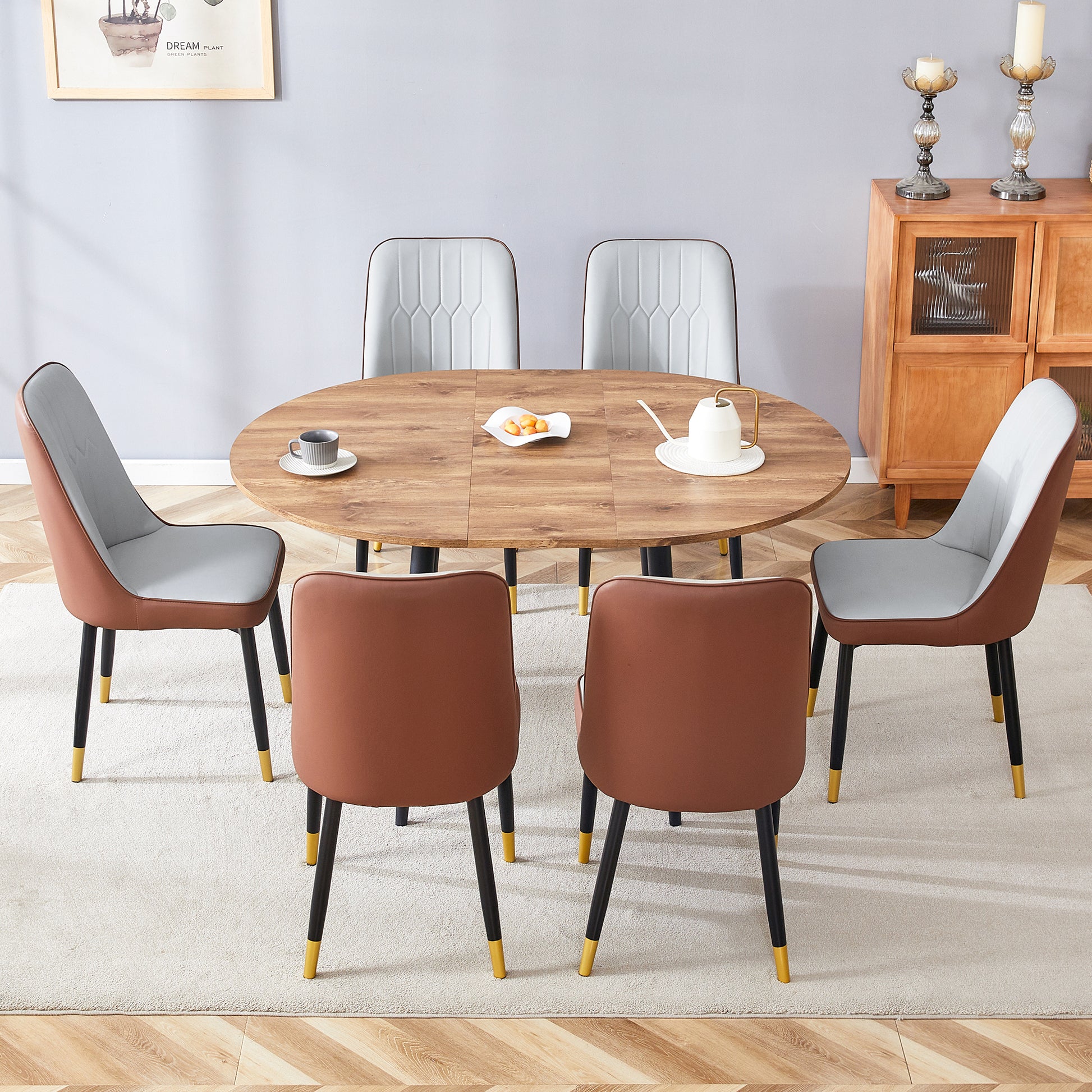 Table And Chair Set.Modern Extendable Wood Mdf Dining Table.The Table Has A Telescopic Design, Suitable For Gatherings Of Different Size.Paired With 6 Chairs With Pu Cushions And Black Metal Legs. Brown,Wood Seats 6 Mdf Metal