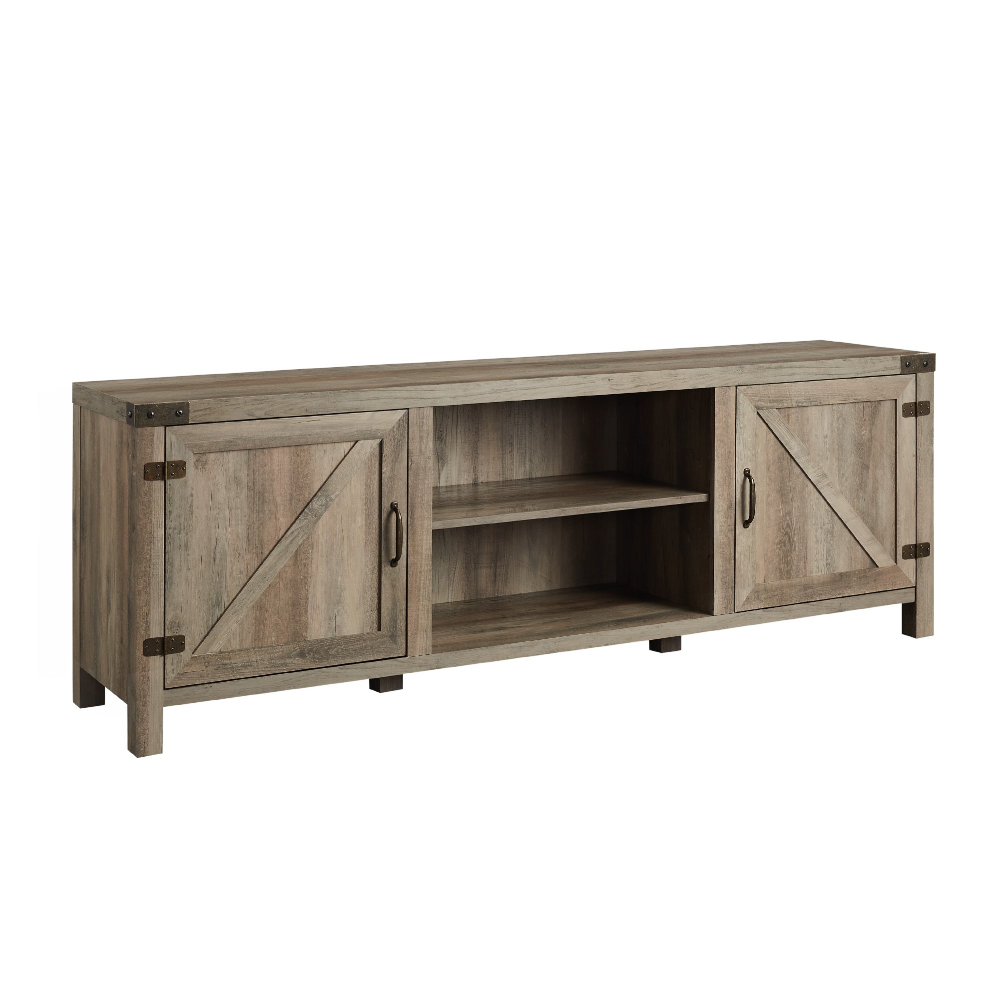 Rustic Farmhouse Double Barn Door 70" Tv Stand For 80" Tvs With Center Shelves Grey Wash Gray Wash Mdf