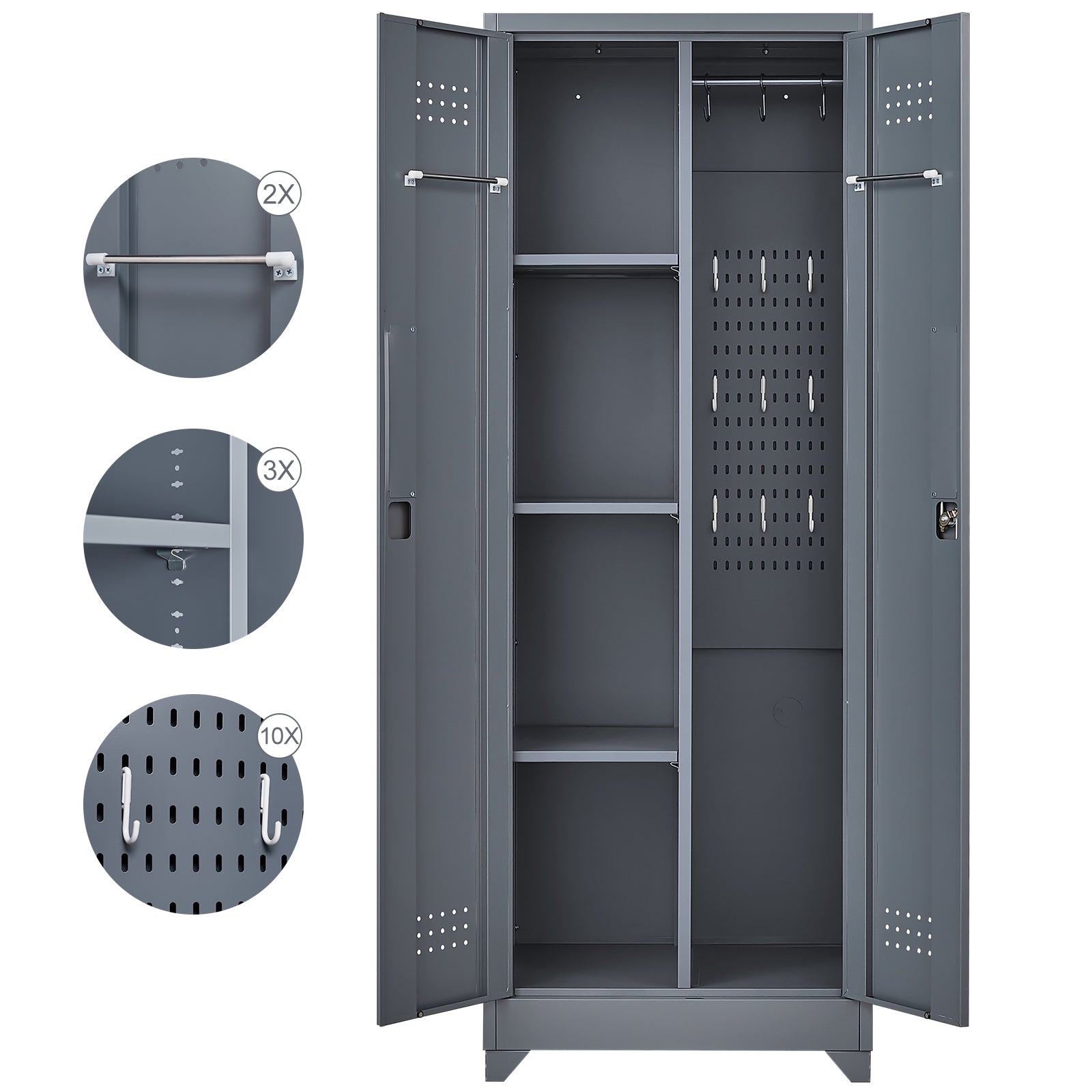 Metal Storage Cabinets, Cleaning Tool Cabinet With Locking Door, Tall Broom Tool Organizer And Storage, Large Storage Cabinet For Kitchen, Pantry, Office, Shop 3 4 Shelves Grey Door Locks Modern Metal