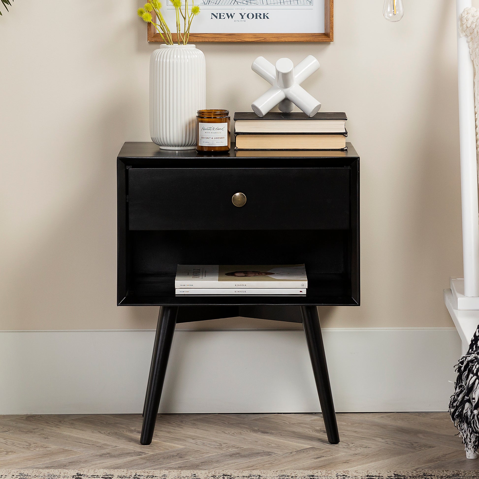 Mid Century Modern Single Drawer Solid Wood Nightstand Black Black Pine