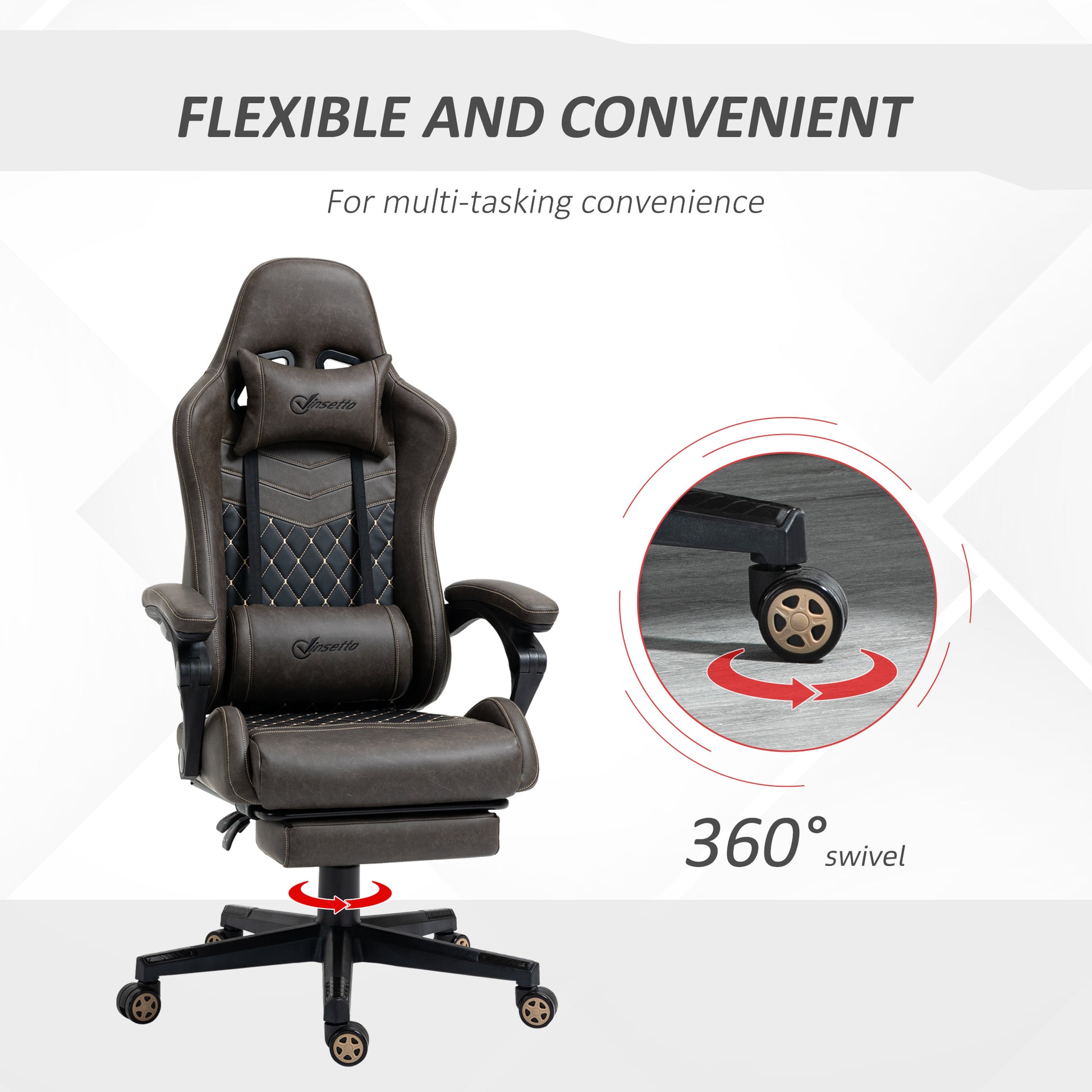Vinsetto Racing Gaming Chair Diamond Pu Leather Office Gamer Chair High Back Swivel Recliner With Footrest, Lumbar Support, Adjustable Height, Brown Brown Pu
