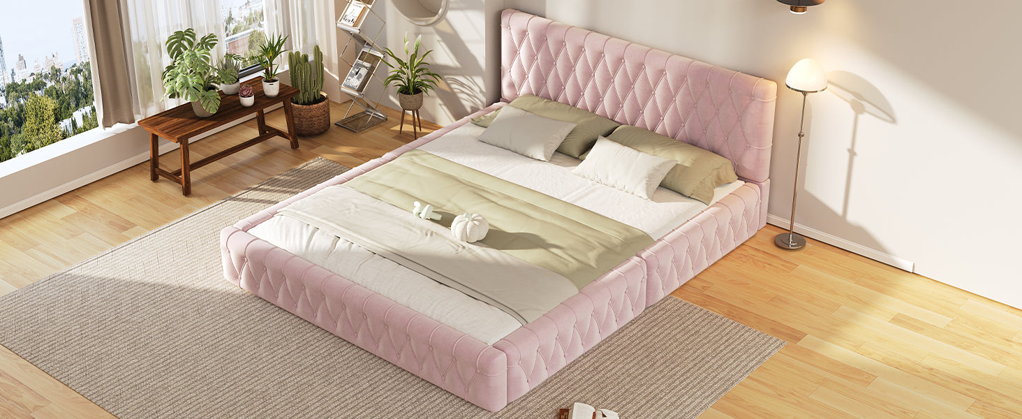 Queen Size Upholstered Bed With Tufted Headboard, Modern Velvet Platform Bedno Box Spring Required, Pink Queen Pink Solid Wood Mdf