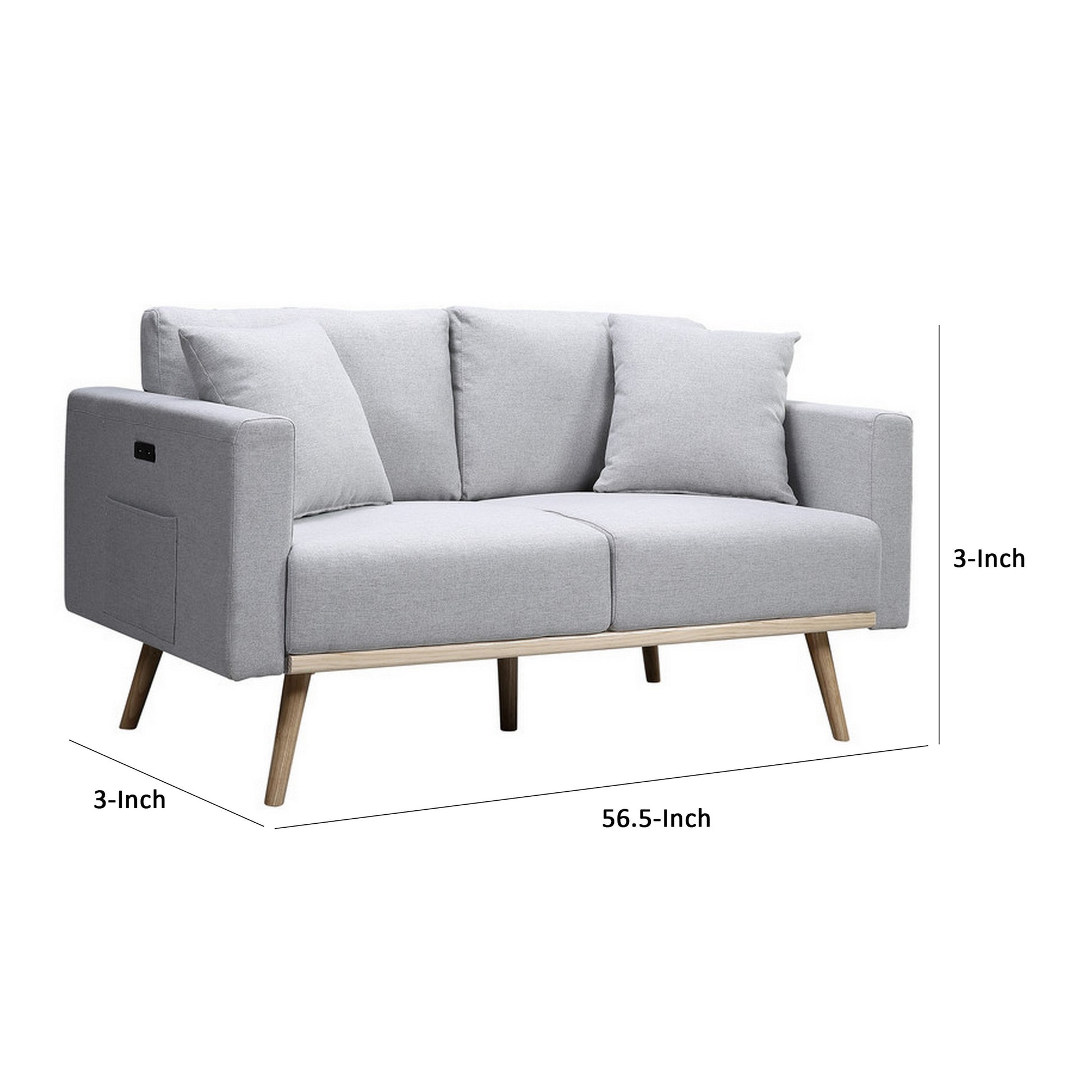 Mico 57 Inch Modern Loveseat, Usb Ports And Side Pocket, Light Gray Fabric Gray Solid Wood 2 Seat