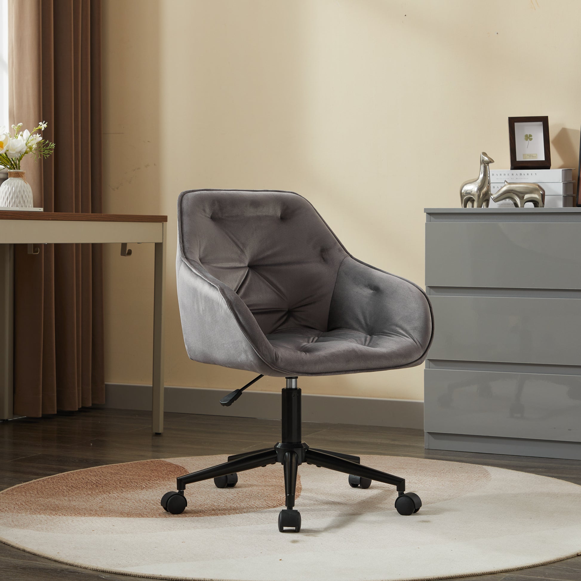 Elegent Velvet Office Chair With Wheels, Makeup Vanity Chair Height Adjustable For Teens Women Girls, Comfy Swivel Modern Leisure Armchair For Home Office, Bedroom, Study And Vanity. Gray Gray Primary Living Space Luxury,Modern Foam Iron