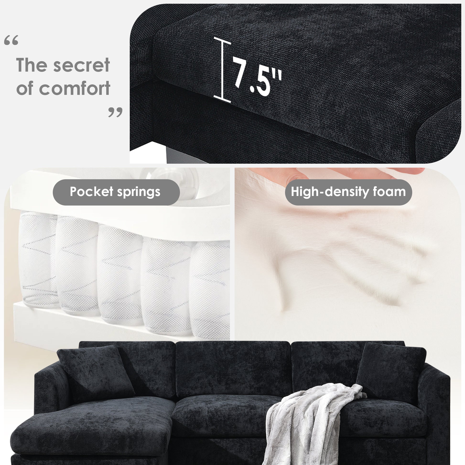 96*56" Modern Cloud Sectional Sofa,L Shaped Luxury Couch Set With 2 Free Pillows,4 Seat Chenille Indoor Furniture With Oversized Chaise For Living Room,Apartment,Office,3 Colors Black Chenille 4