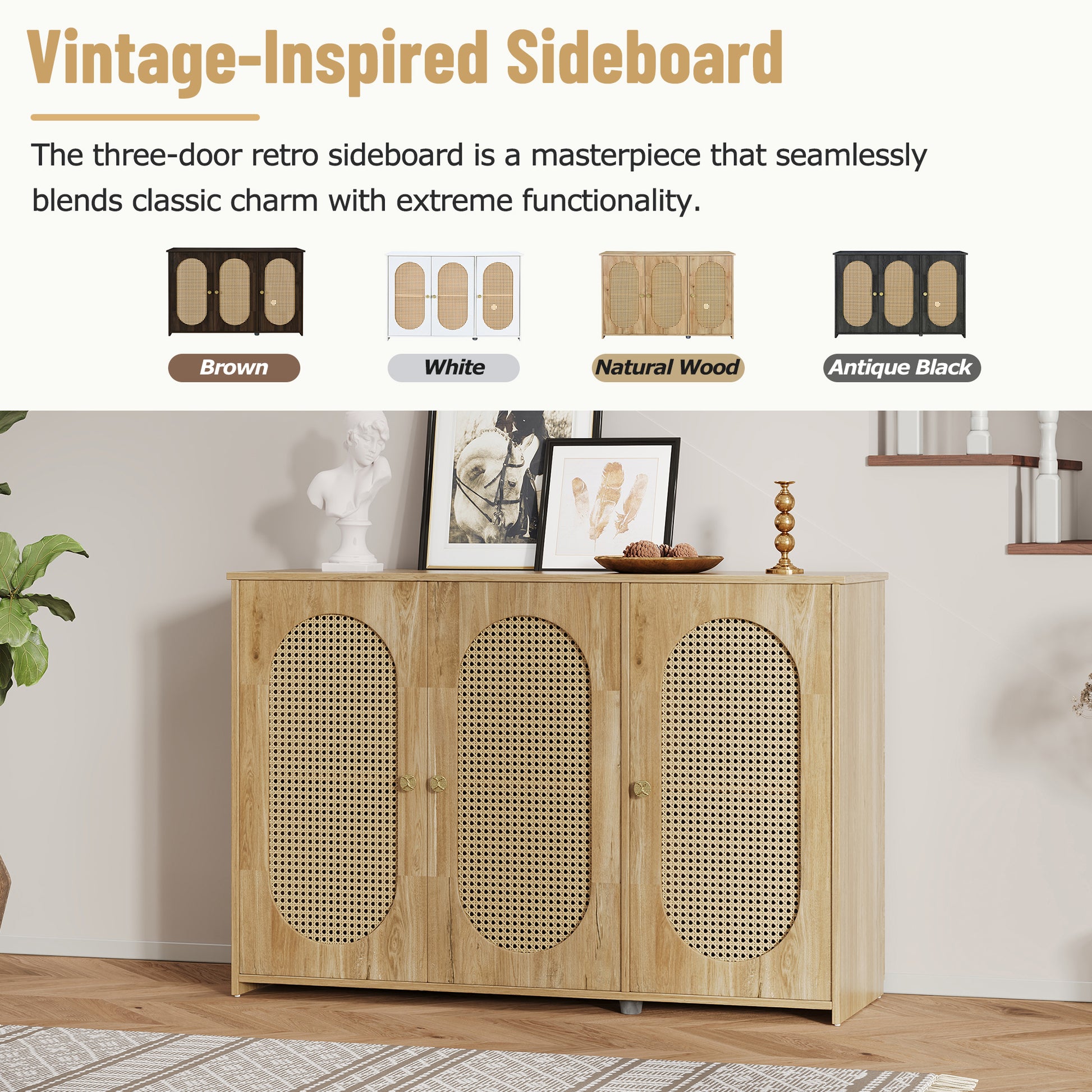 Retro 3 Door Sideboard With Large Storage Space Artificial Rattan Doors And Metal Handles, Accent Cabinet For Living Room And Hallway Natural Wood Natural Wood Particle Board Mdf