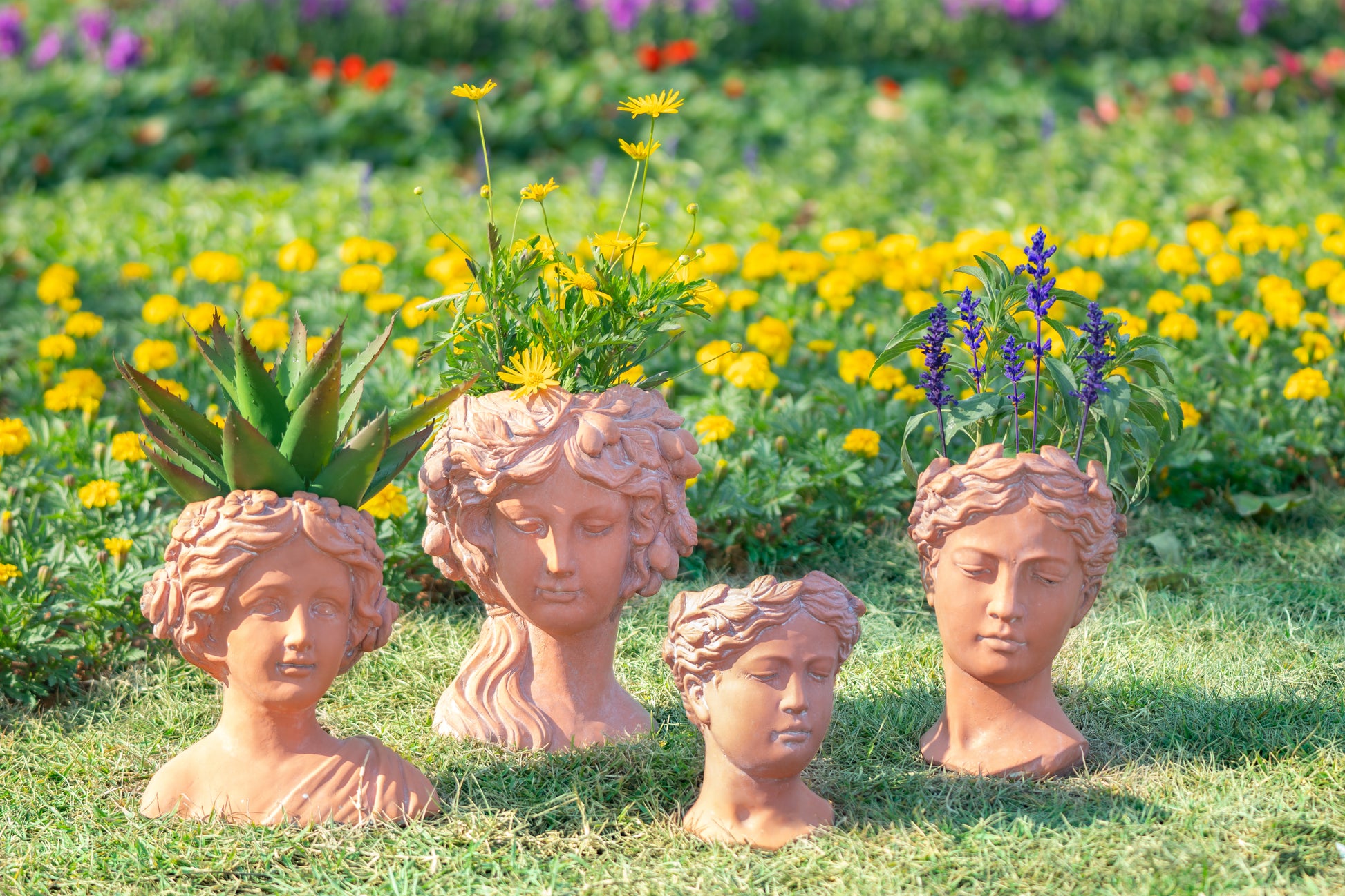 head plant pot outdoor 9X5.5X9.5" Brown Head Bust Planter, Greek Style Cement Head Planter In