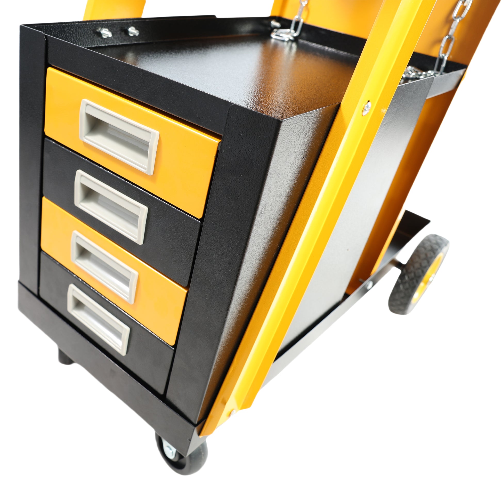 Multi Function Welder Trolley, Mig Tig Arc Plasma Cutter Storage Tank With 2 Safety Chains, Portable 4 Drawer Chest, Weight 280 Lbs Yellow Black Iron