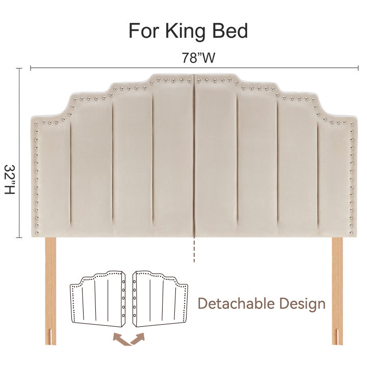 Mid Century Headboard For King Size Bed, Velvet Upholstered Tufted Bed Headboard With Decor, Adjustable Curved Solid Wood Head Board Vertical Channel Design Beige King Beige Bedroom Modern Rubberwood Bed Frame Velvet Rubber Wood