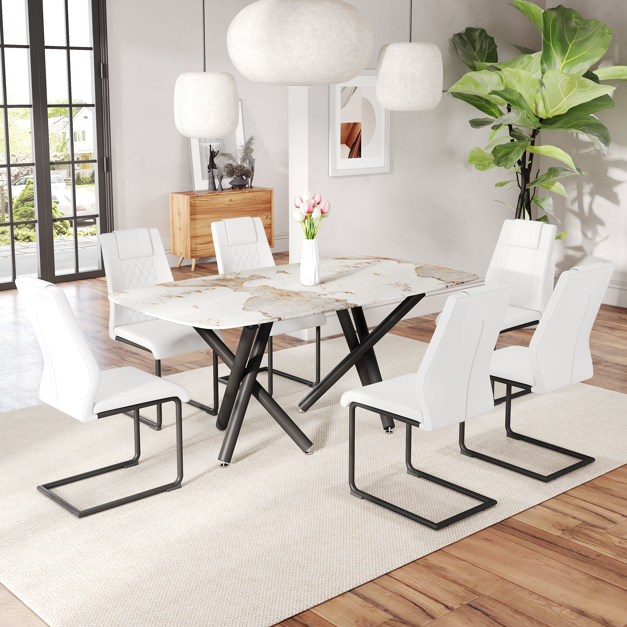 1 Table And 6 Chairs Set.A Rectangular Dining Table With A 0.39 Inch Imitation Marble Tabletop And Black Metal Legs.Paired With 6 Chairs With Pu Leather Seat Cushion And Black Metal Legs.F 1538,C 001 White Black Glass Metal