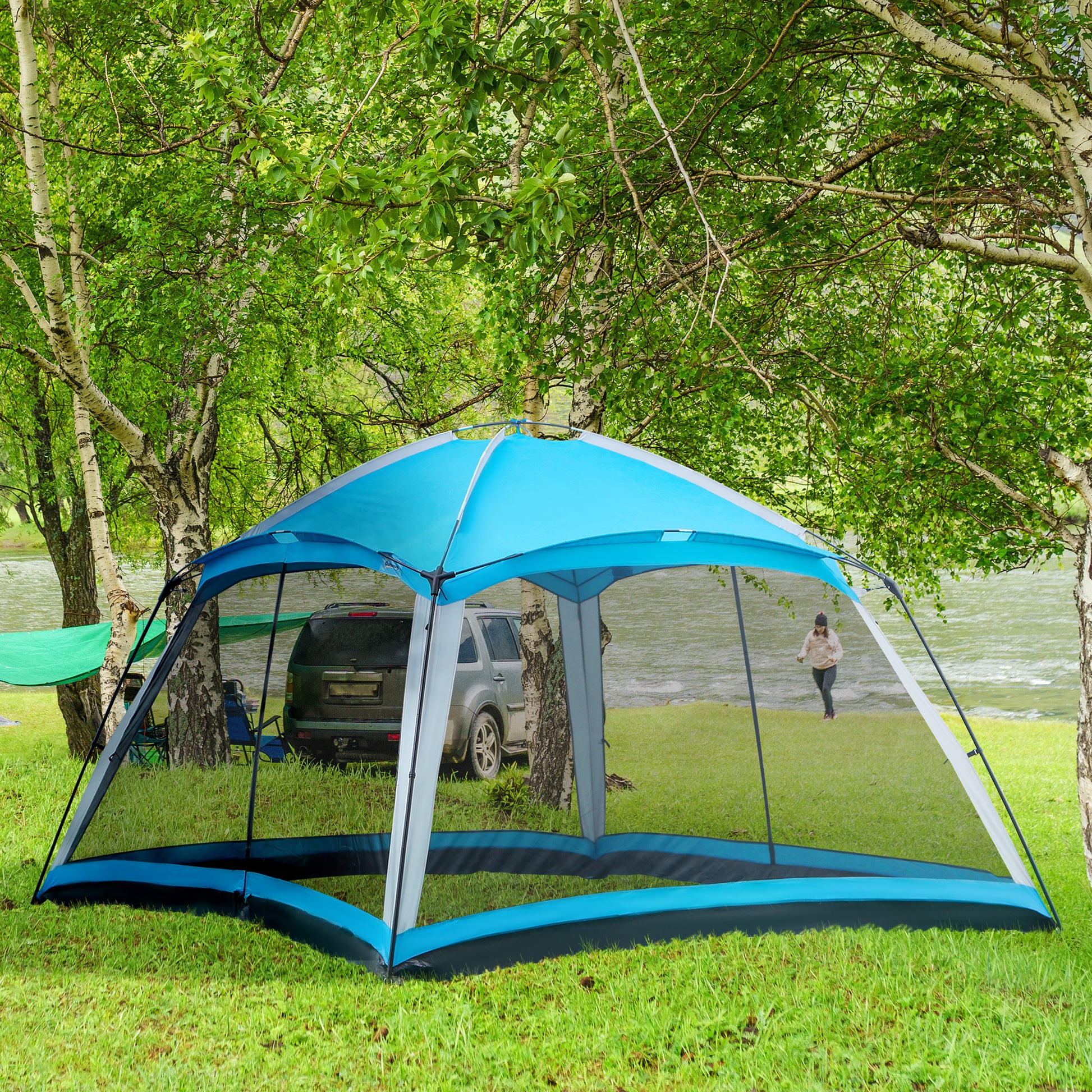 Outsunny 12' X 12' Screen House Room, 8 Person Camping Tent W Carry Bag And 4 Mesh Walls For Hiking, Backpacking, And Traveling, Easy Set Up, Sky Blue Blue Polyester