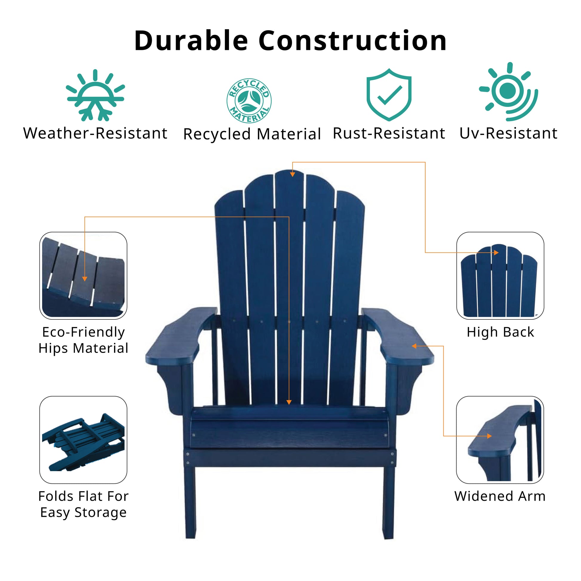 Key West Outdoor Plastic Wood Adirondack Chair, Patio Chair For Deck, Backyards, Lawns, Poolside, And Beaches, Weather Resistant, Blue Blue Polyethylene