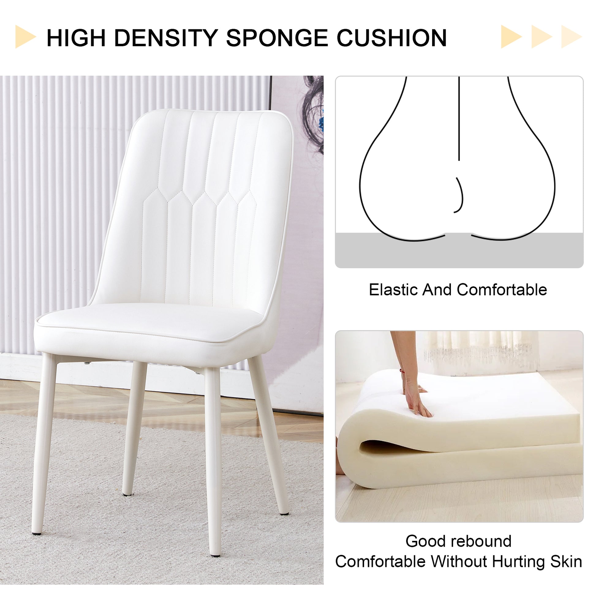 Table And Chair Set, Mdf Desktop, White Metal Table Legs, Stable And Beautiful, Suitable For Most Styles Of Home. Modern Simple Dining Table, Comfortable Seating. White Seats 4 Mdf