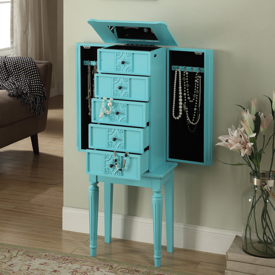 Light Blue 4 Drawer Jewelry Armoire With Mirror Light Blue Bedroom Poplar Wood Glass