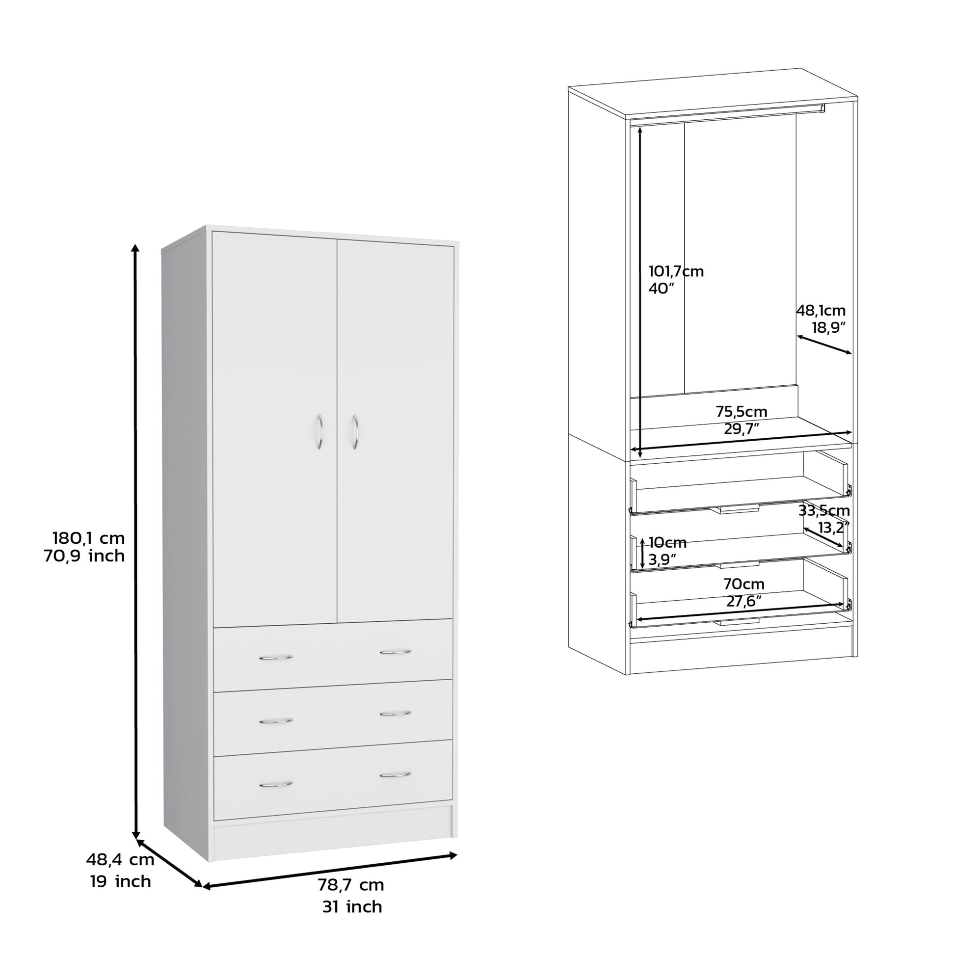 Armoire 71" H, With 2 Doors, 3 Drawers And 1 Hanging Rod, White White Solid Wood Mdf Engineered Wood