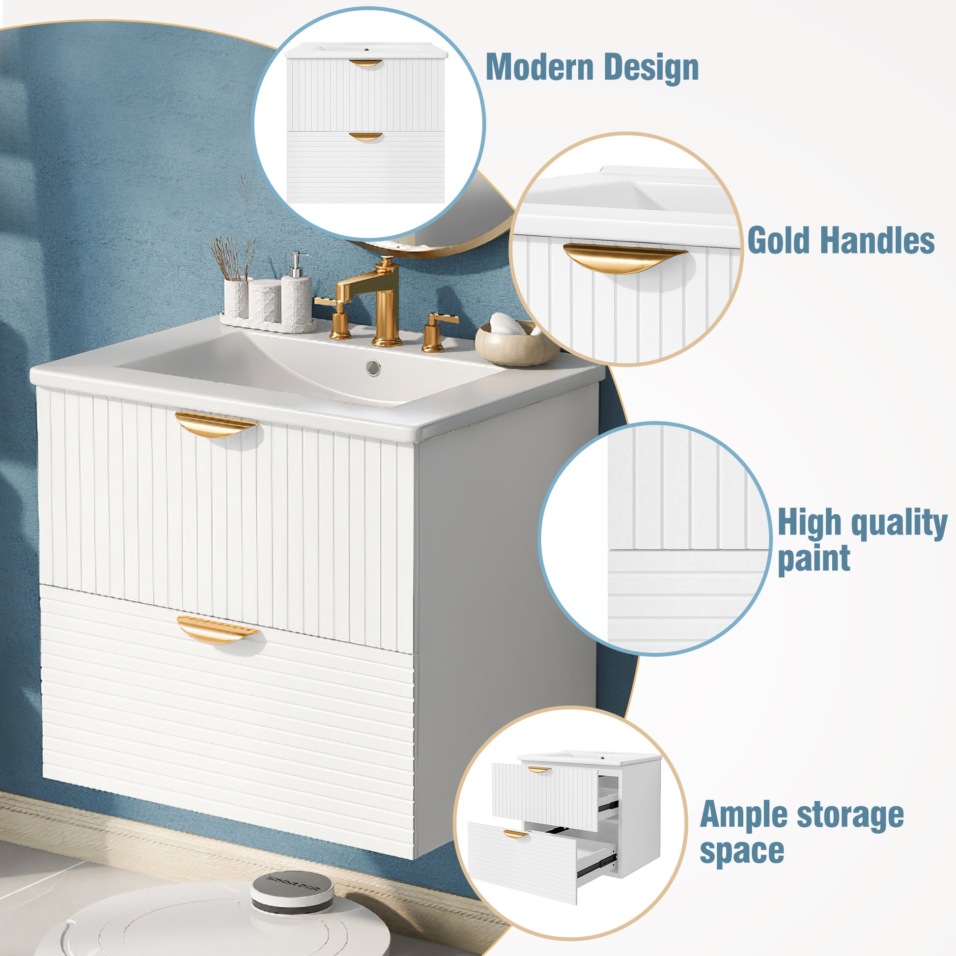 Modern 24 Inch Wall Mounted Bathroom Vanity With 2 Drawers, White Ideal For Small Bathrooms White Bathroom Mdf